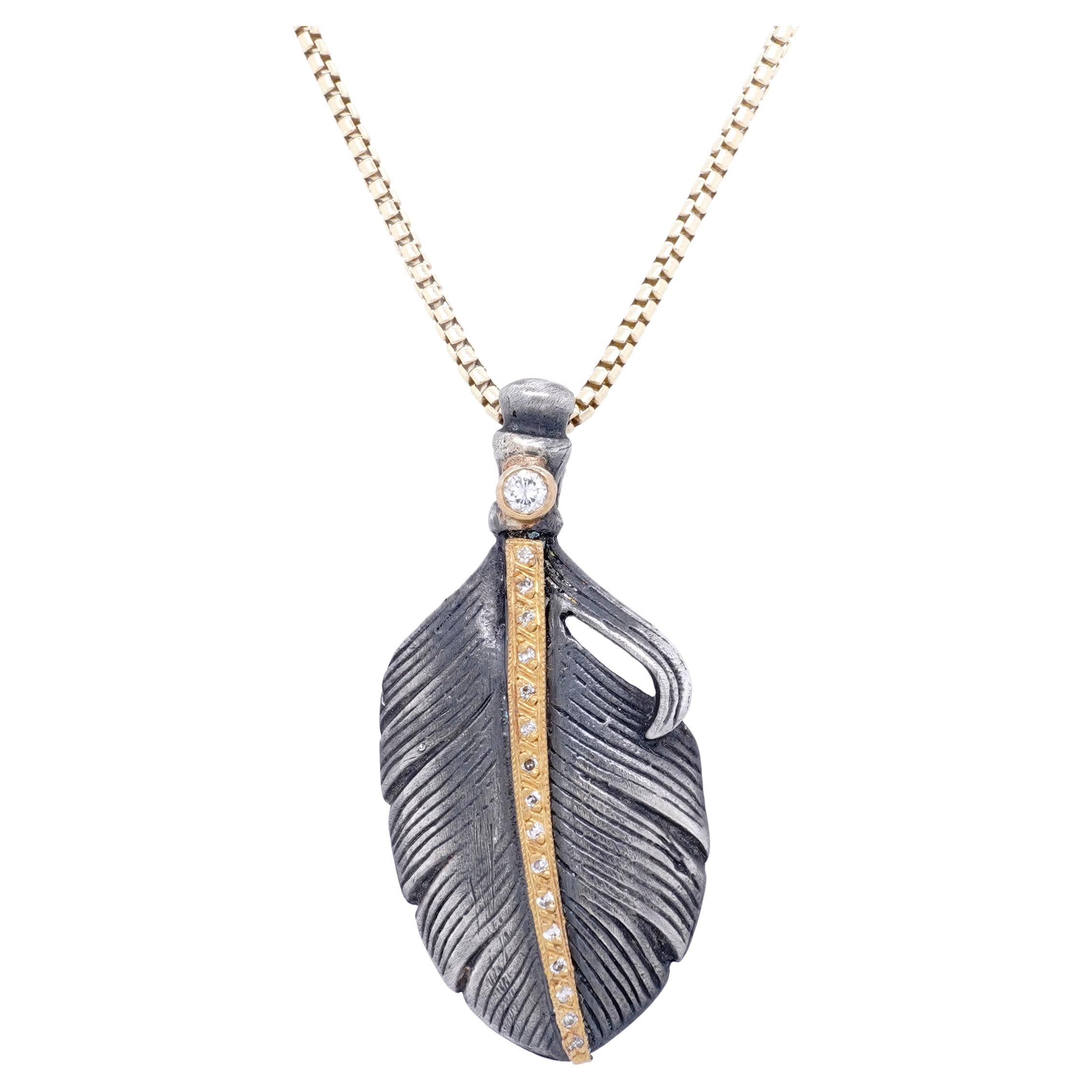Feather with Diamonds, Charm Pendant Necklace, 24kt Gold and Silver by Prehistoric Works of Istanbul, Turkey. Measures: 15mm x 32mm (medium), Comes with 16