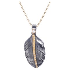 Feather with Diamonds, Charm Pendant Necklace, 24kt Gold and Silver