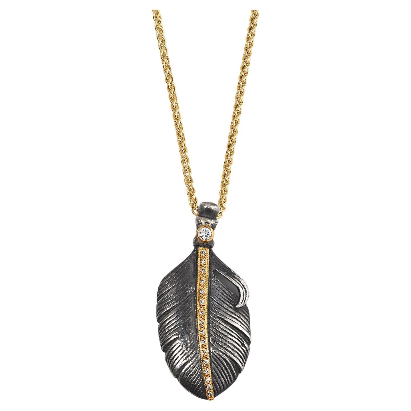 Feather with Diamonds, Charm Pendant Necklace, 24kt Gold and Silver For Sale