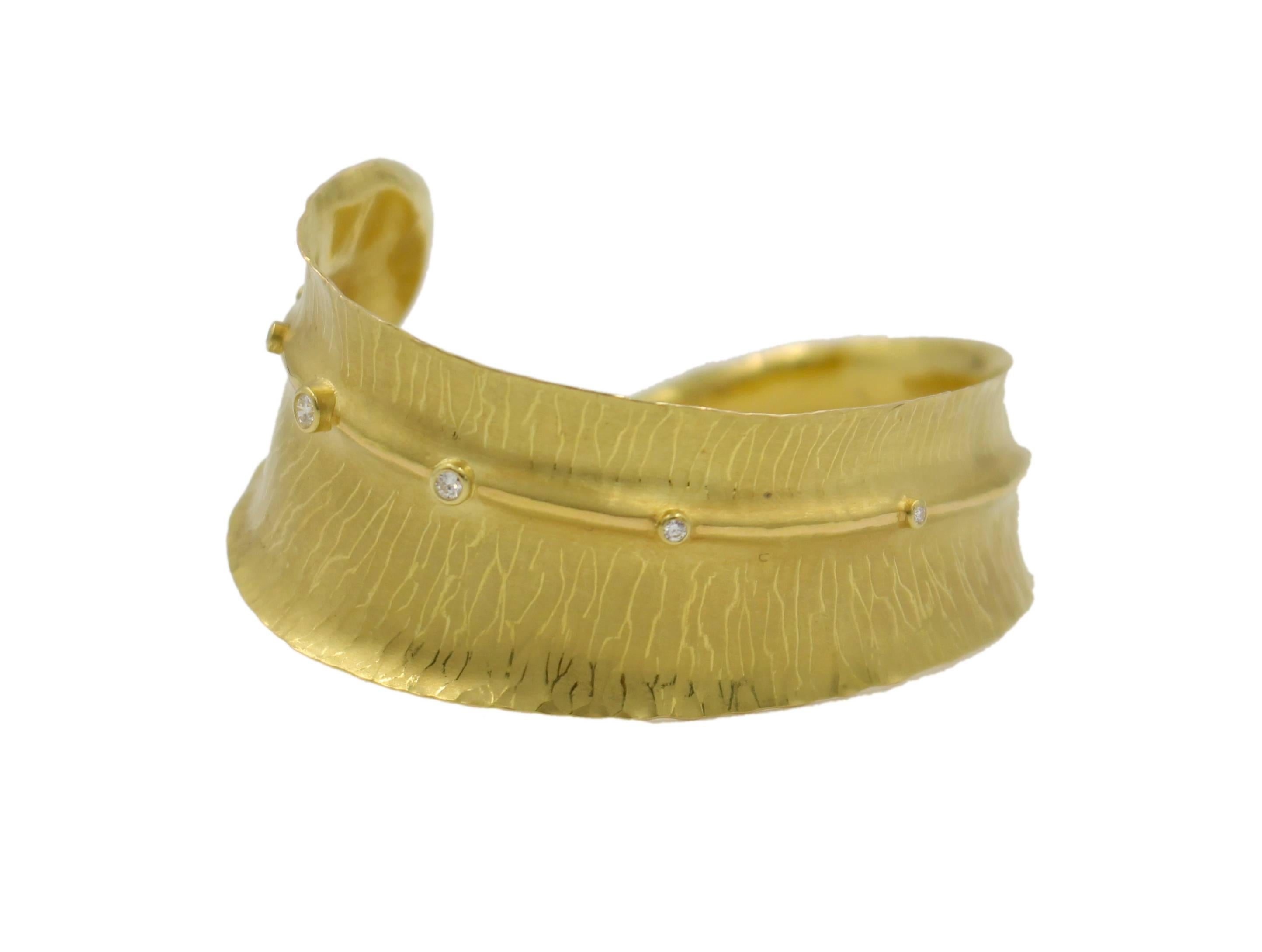 Round Cut 18 Karat Gold and Diamond Feather Cuff Bracelet For Sale