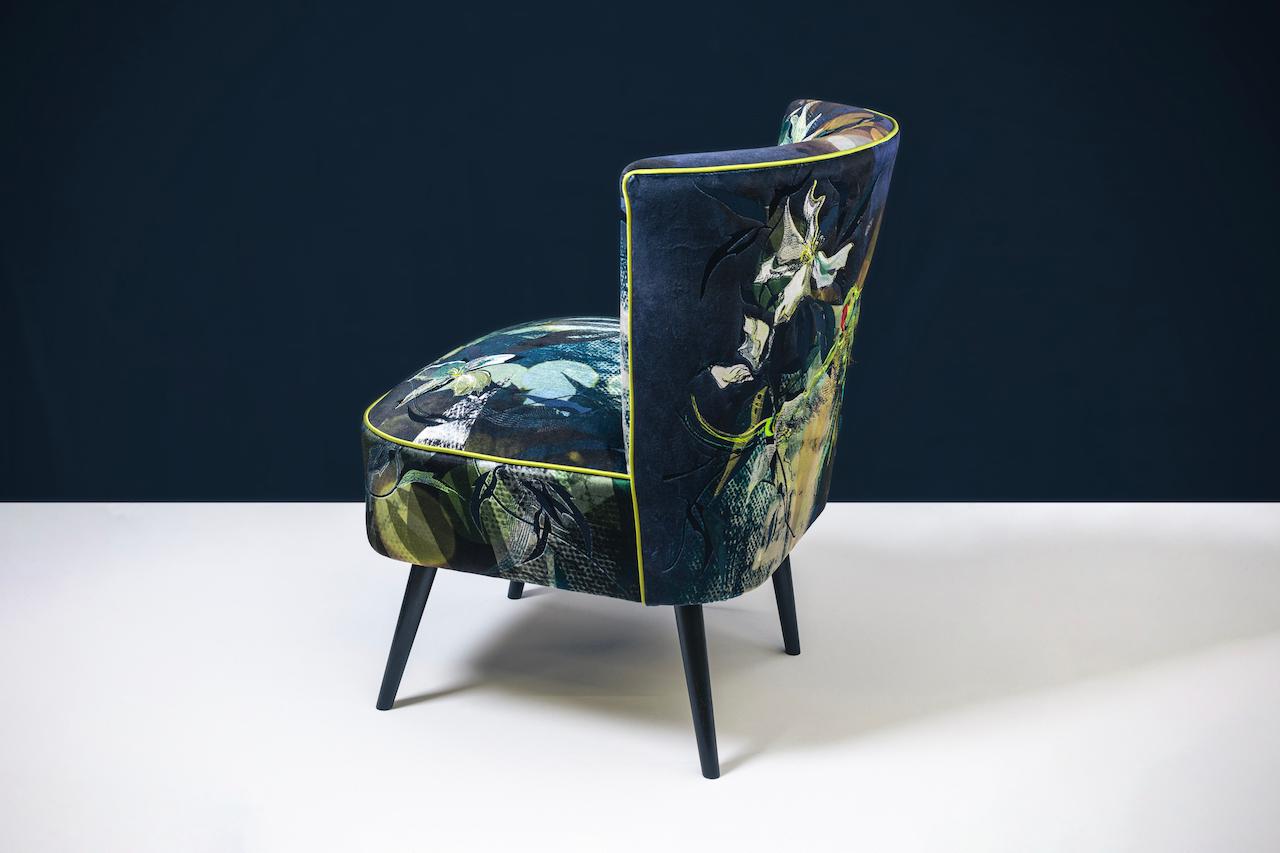 Chinoiserie Feathered cocktail chair in rich appliquéd velvets by award-winning artist For Sale