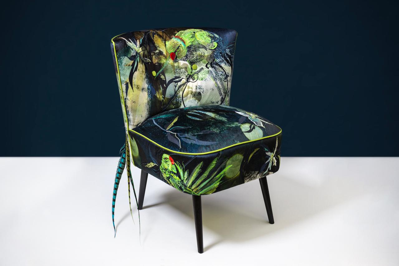 British Feathered cocktail chair in rich appliquéd velvets by award-winning artist For Sale