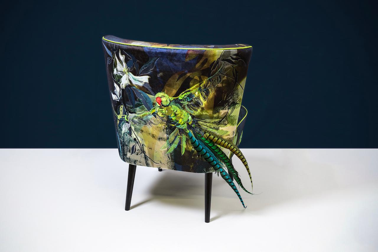 Feathered cocktail chair in rich appliquéd velvets by award-winning artist In New Condition For Sale In London, GB