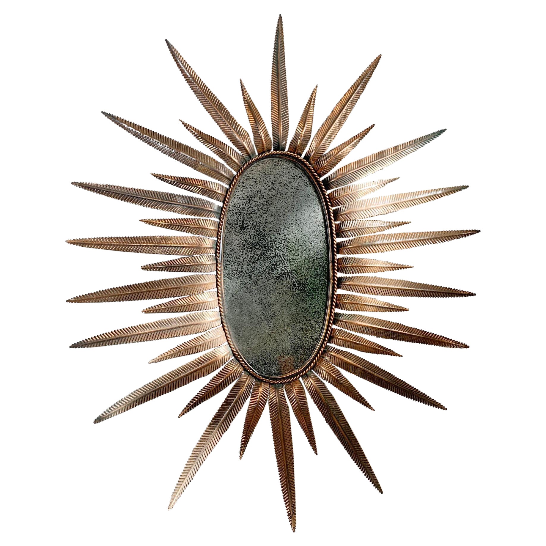 Espejo de cobre con plumas Sunburst Años 70 Italiano en venta