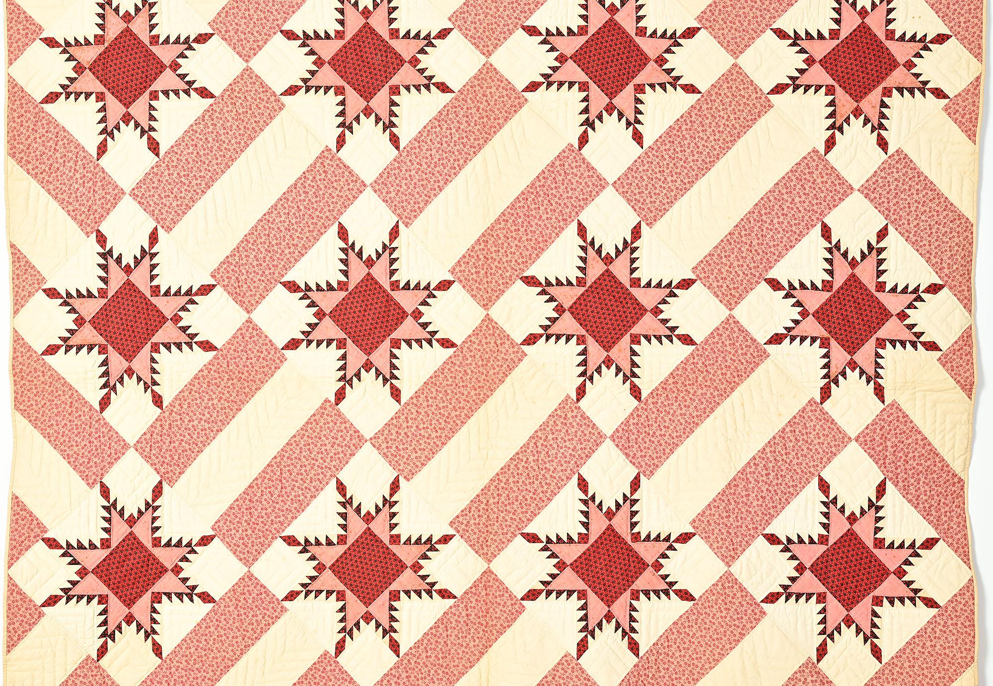Finely crafted Feathered Stars quilt made more unusual with the pieced Bars alternating blocks. The quilt is in unwashed, excellent condition. It is quilted with chevrons throughout. There are some tiny, tiny brown specks in the double pink calico