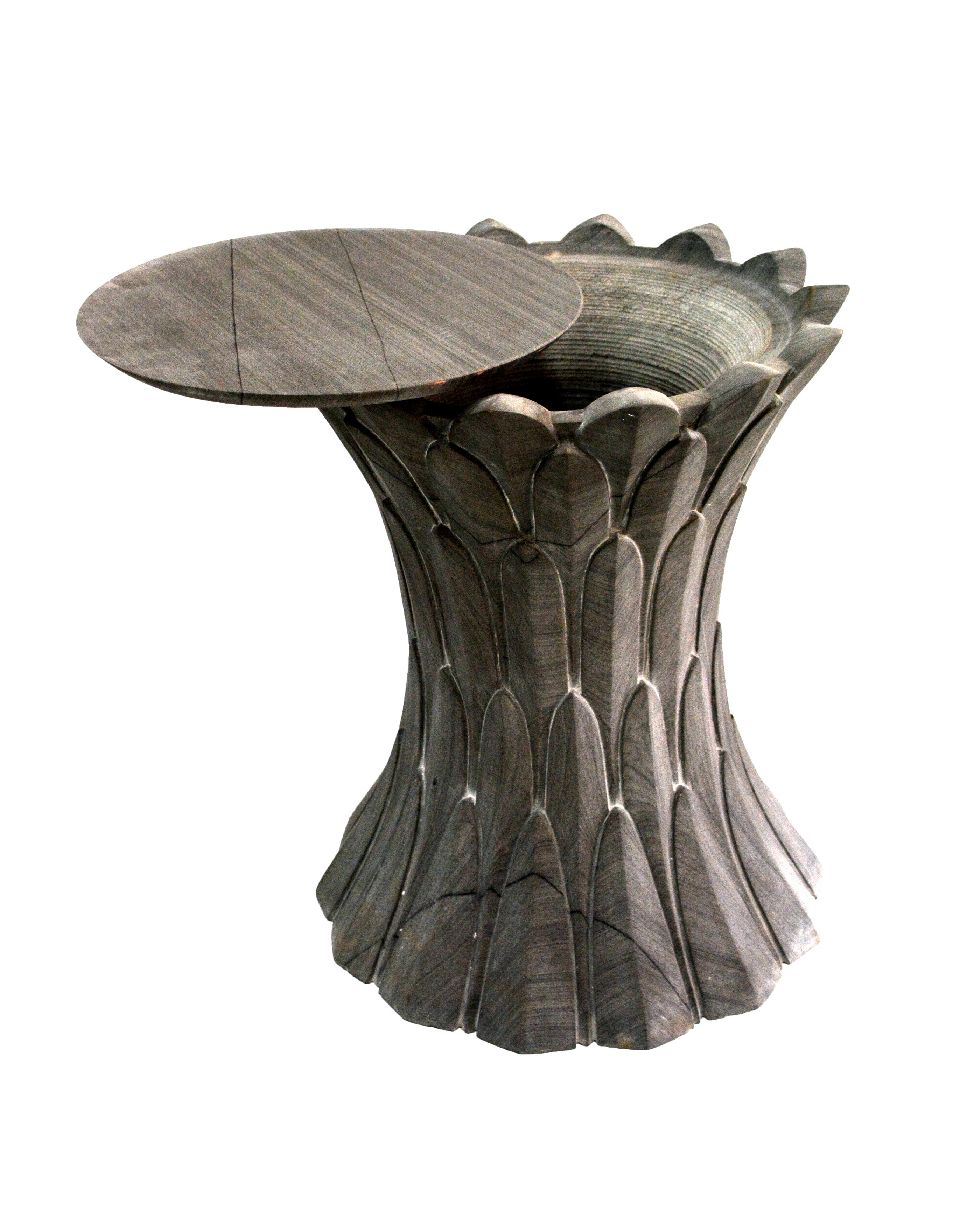 Marble Feathers Art Deco Accent Table in Agra Grey Stone Designed by Stephanie Odegard For Sale