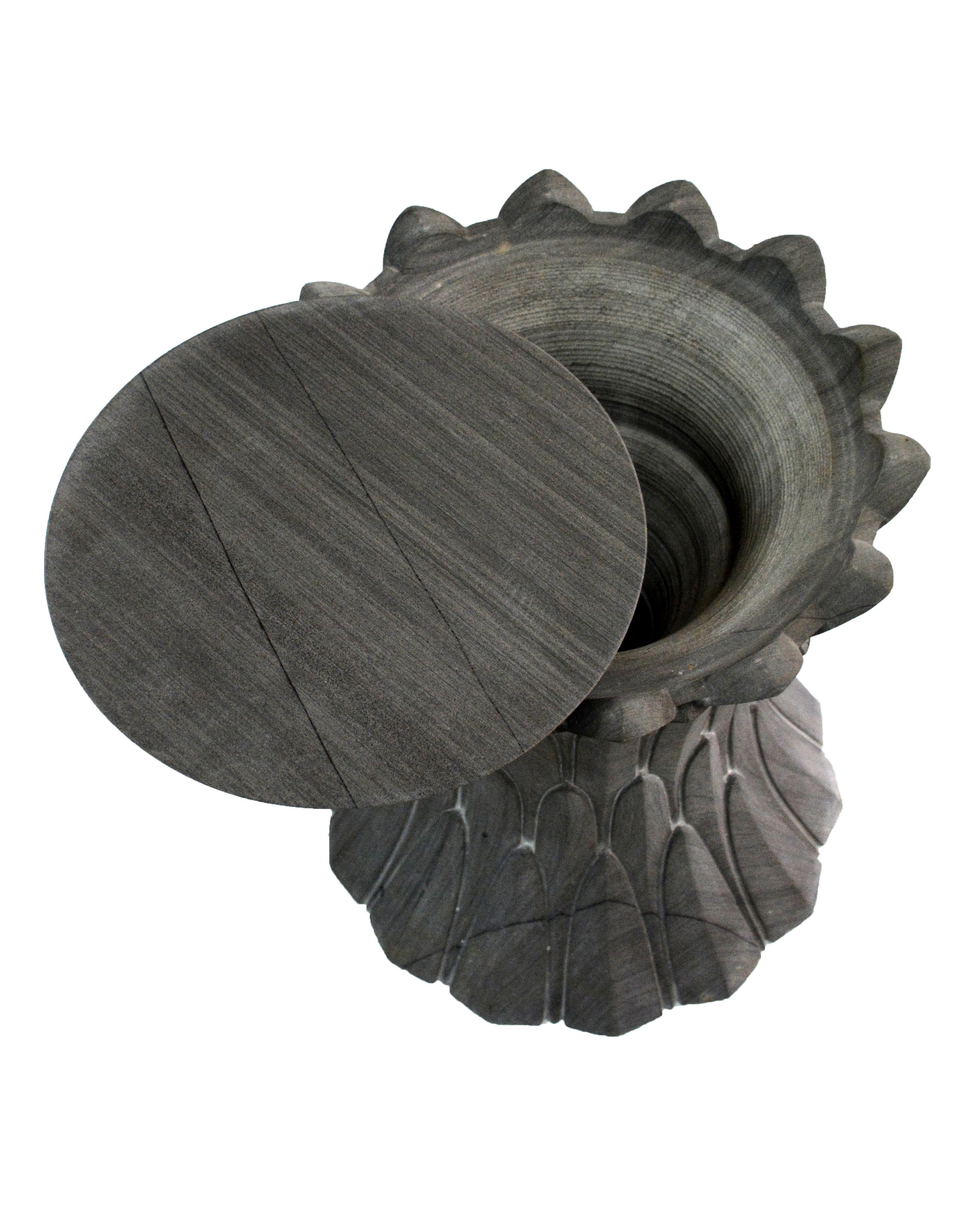 Contemporary Feathers Art Deco End Table in Agra Grey Stone Designed by Stephanie Odegard For Sale
