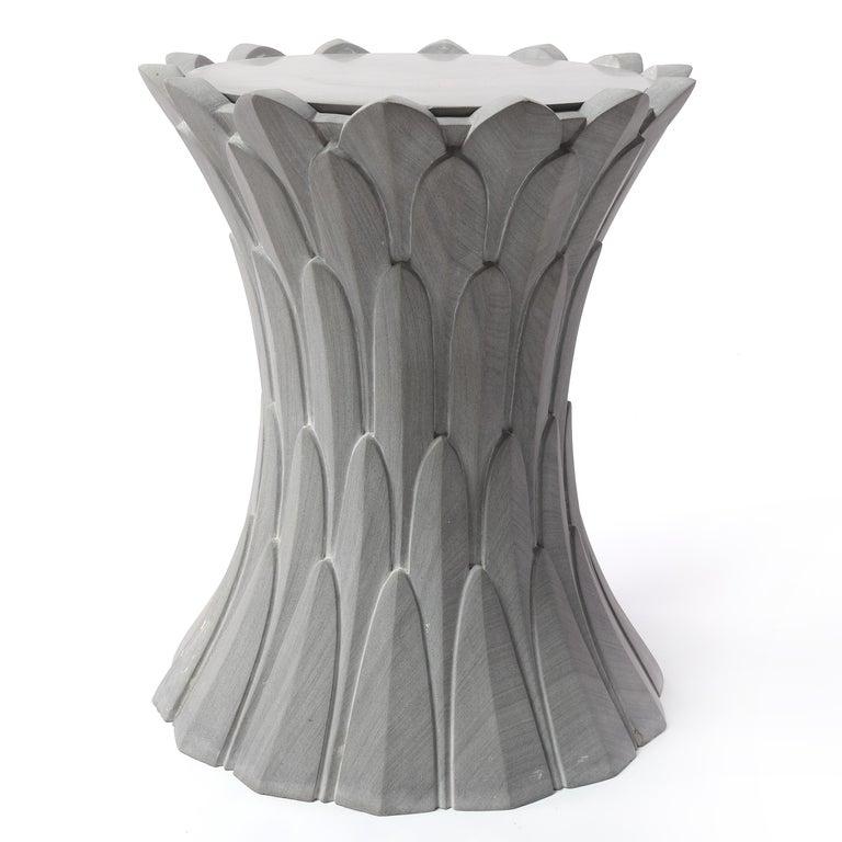 Hand-Carved Feathers Art Deco Side Table in Agra Grey Stone Designed by Stephanie Odegard For Sale