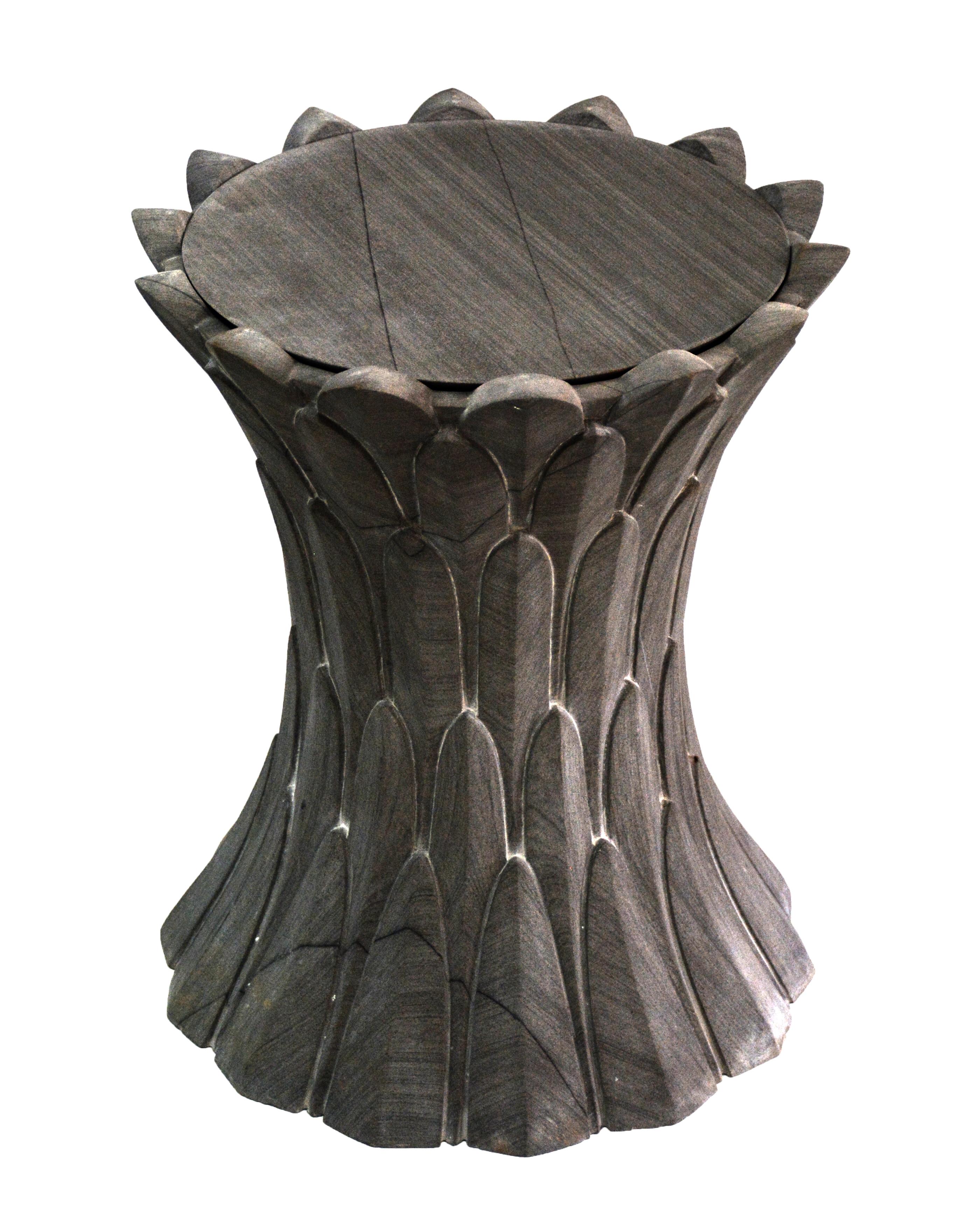 Contemporary Feathers Art Deco Side Table in Agra Grey Stone Designed by Stephanie Odegard For Sale