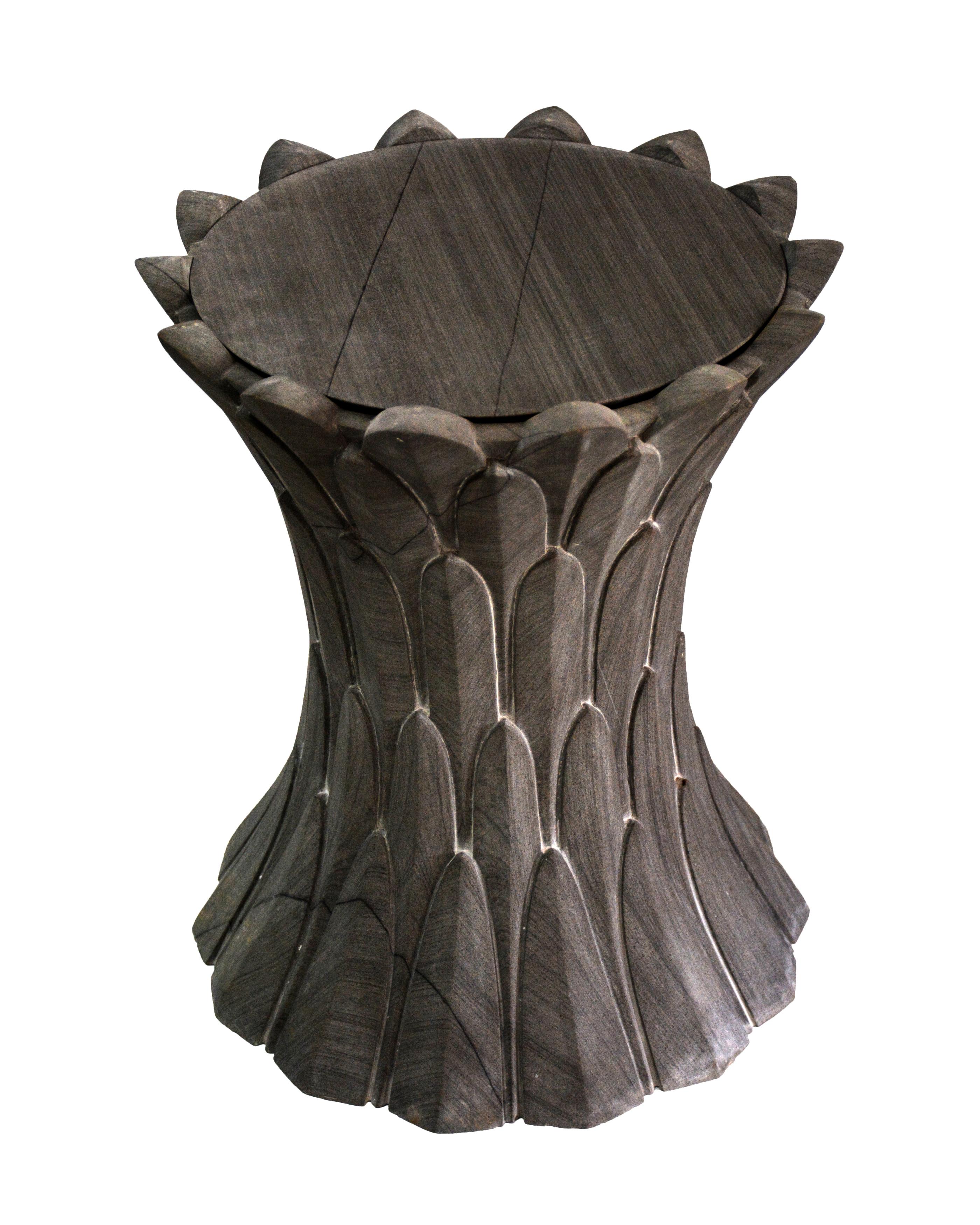 Contemporary Feathers Art Nouveau Side Table in Agra Grey Stone Designed by Stephanie Odegard For Sale