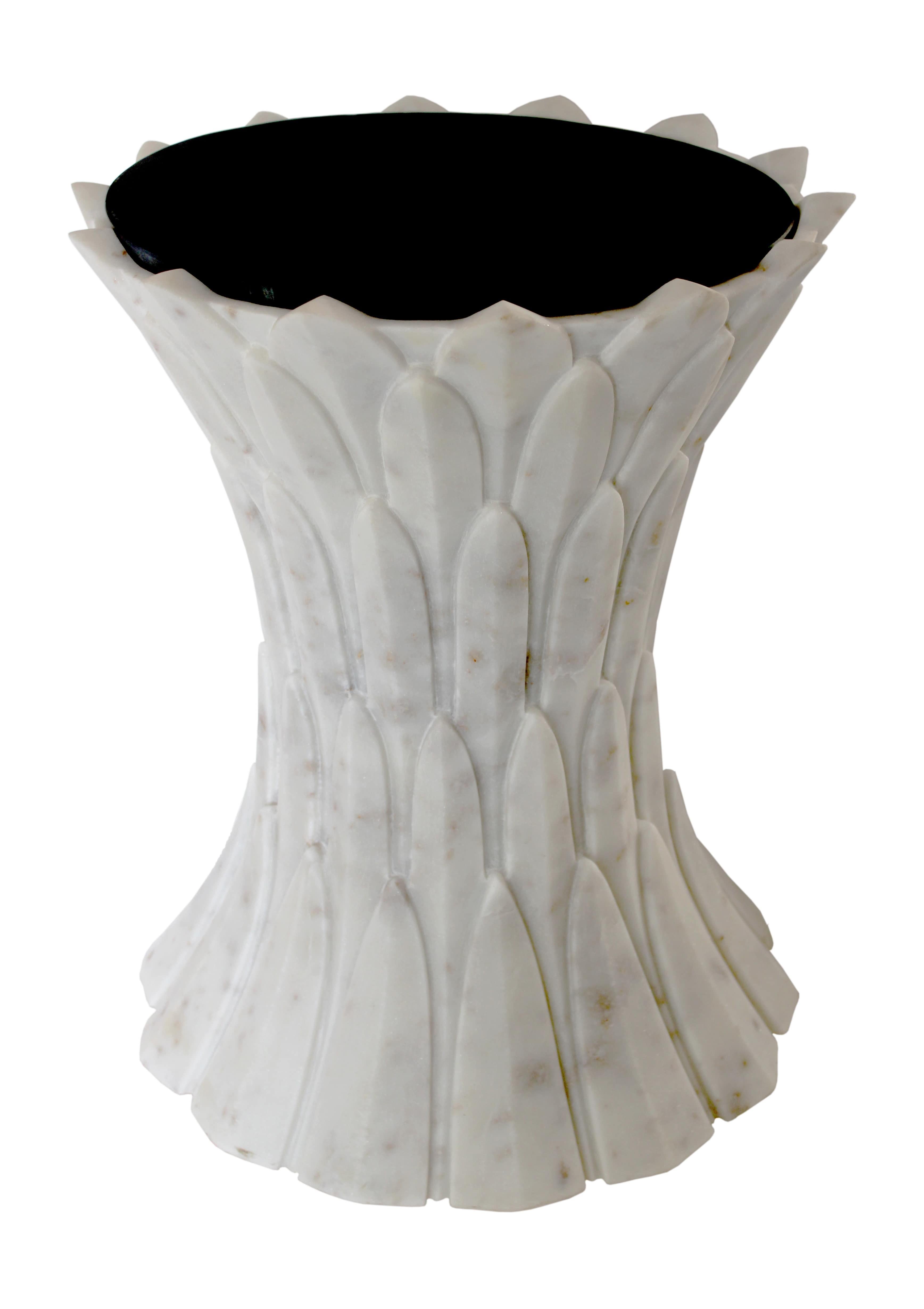 Contemporary Feathers Side Table in Agra White Marble Handcrafted In India For Sale