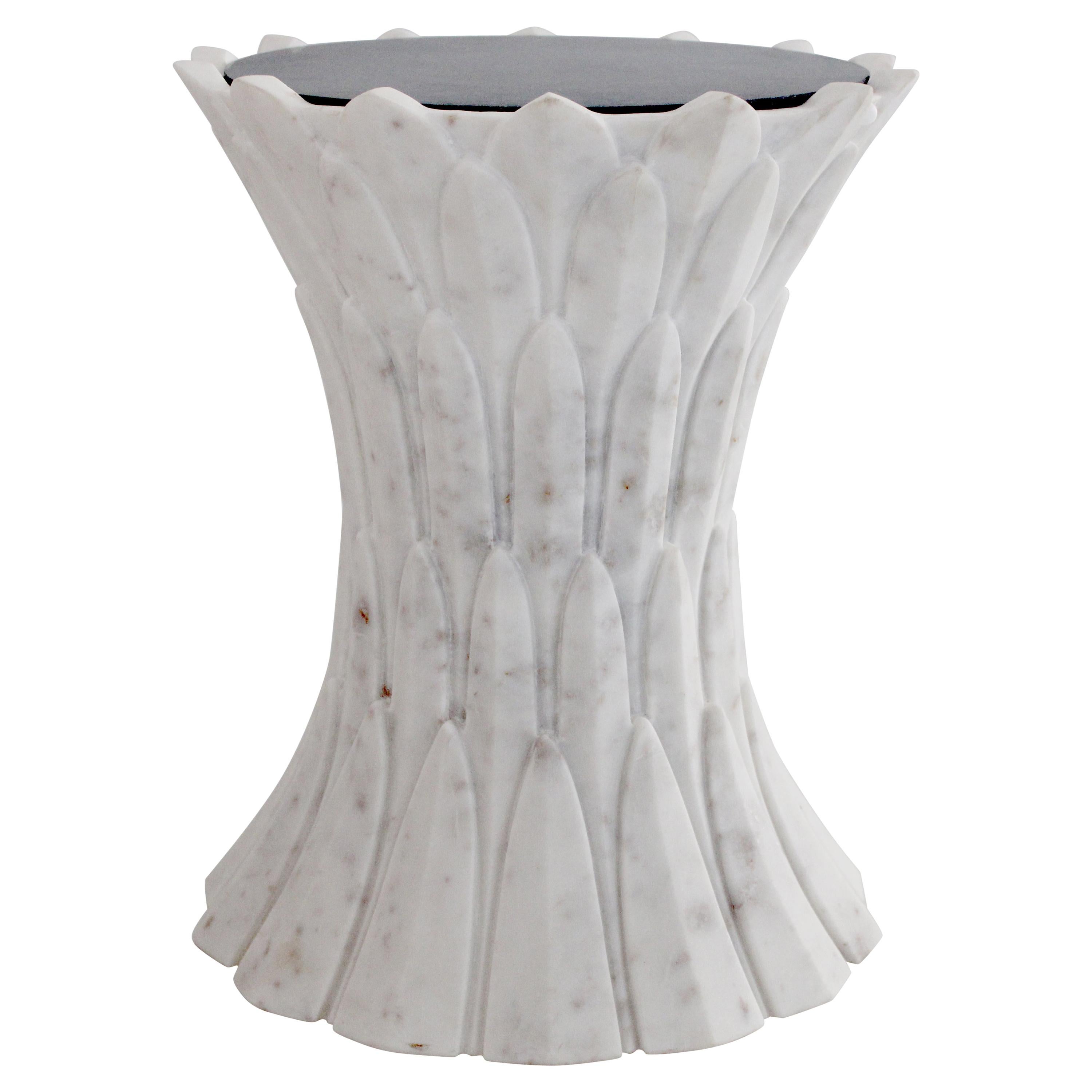 Feathers Side Table in Agra White Marble Handcrafted In India For Sale