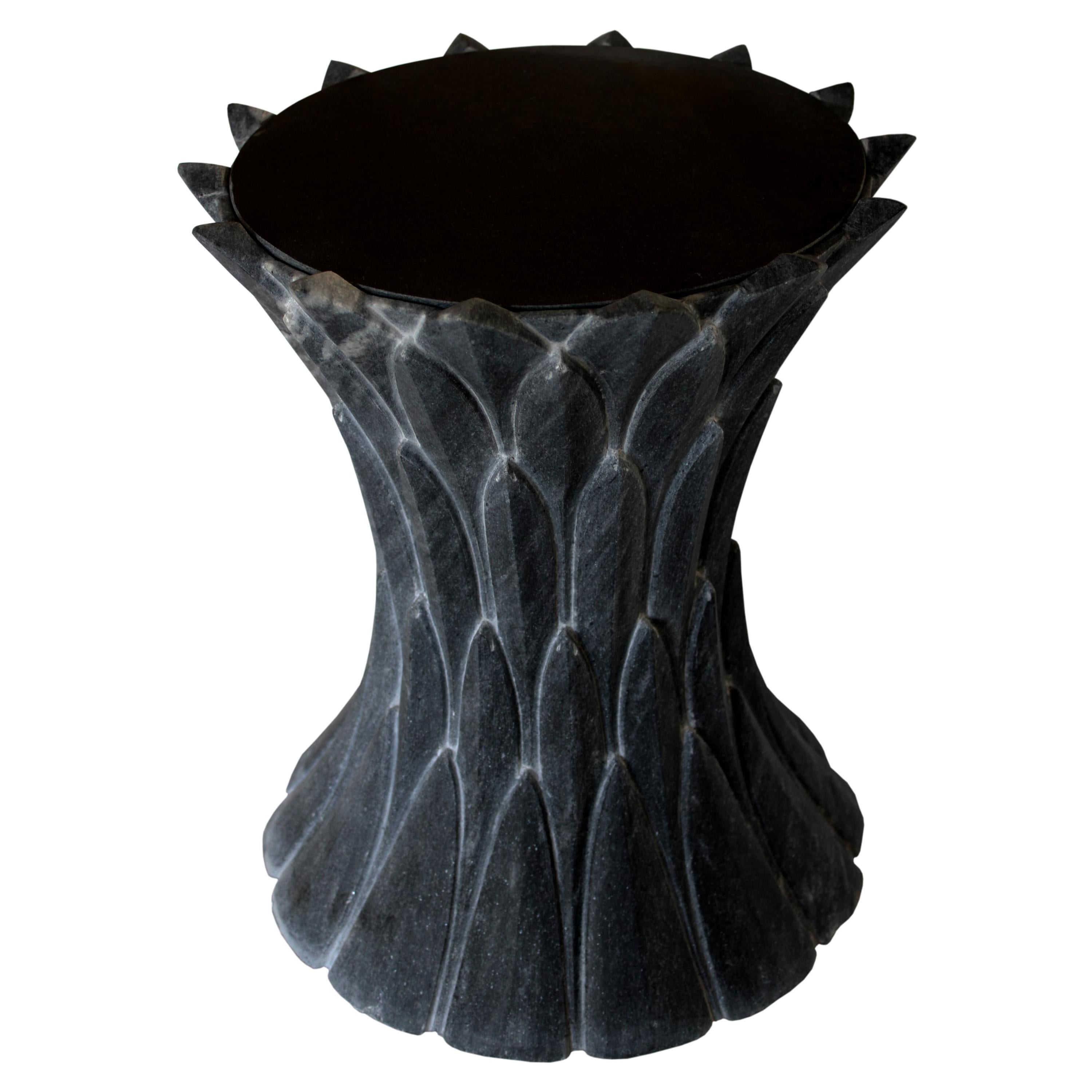 Feathers Side Table in Black Marble Handcrafted In India By Stephanie Odegard For Sale