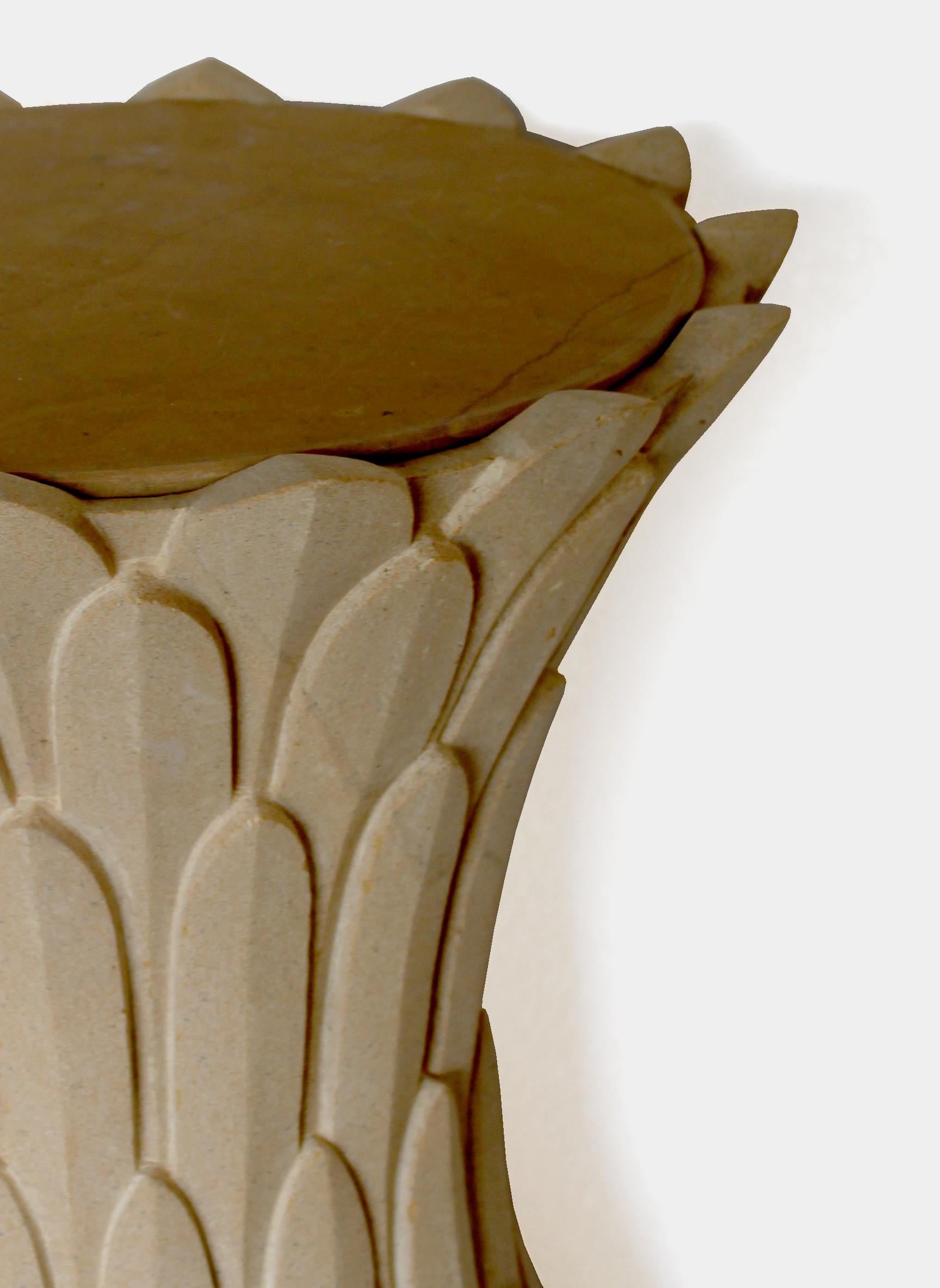 Hand-Carved Feathers Side Table in Jaisalmer Stone Handcrafted In India By Stephanie Odegard For Sale
