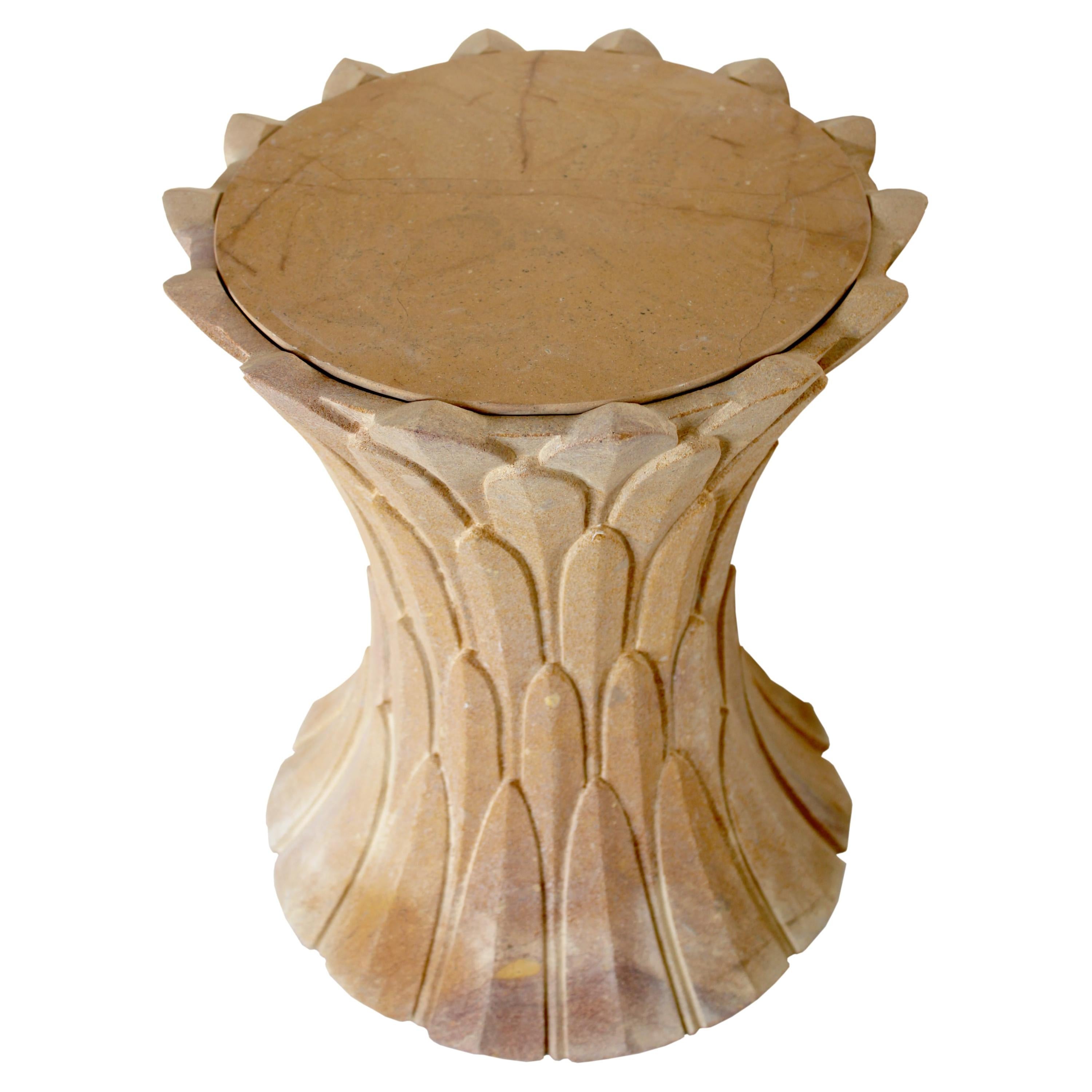Feathers Side Table in Jaisalmer Stone Handcrafted In India By Stephanie Odegard For Sale