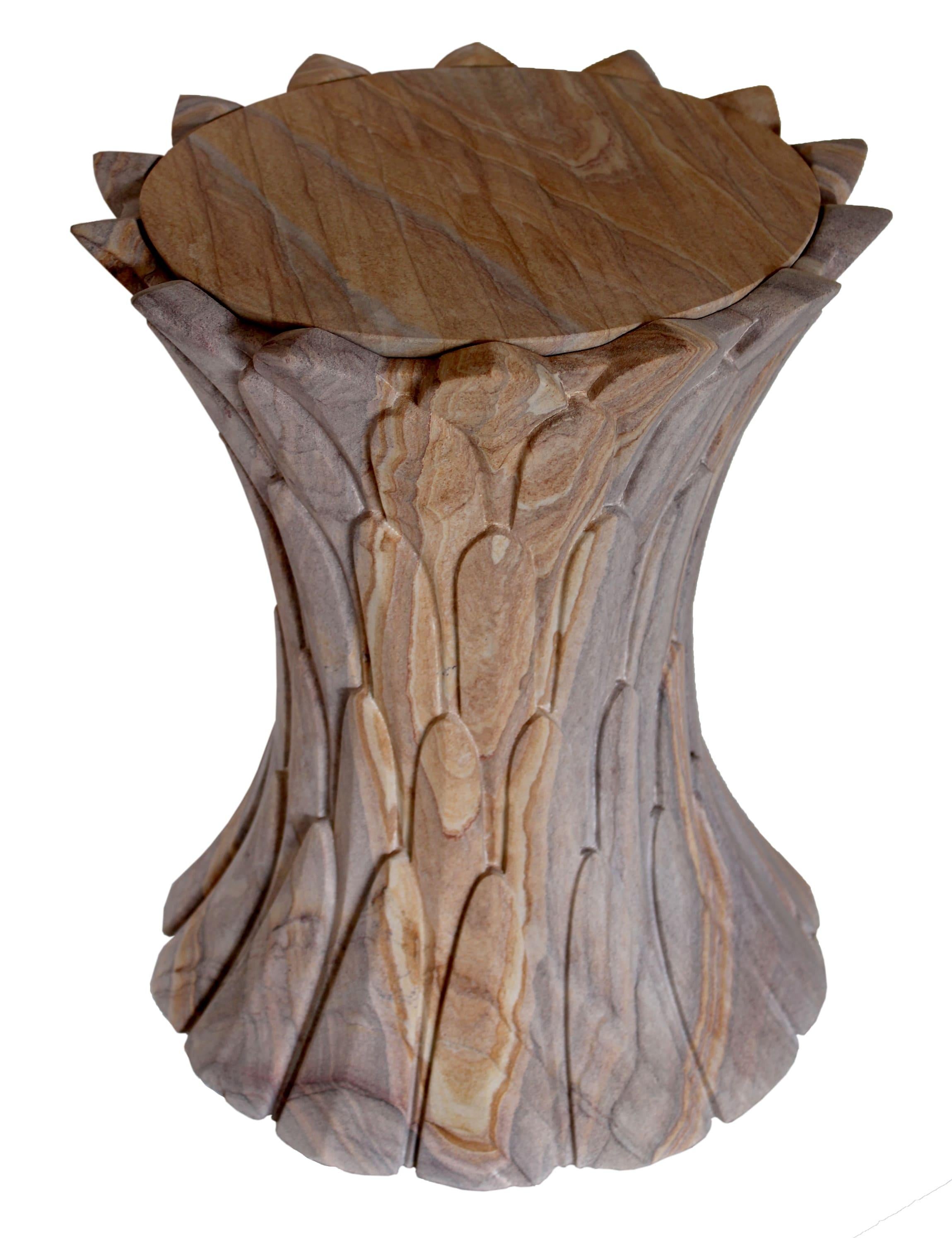 Hand-Carved Feathers Side Table in Rainbow Teakwood Stone Handcrafted In India For Sale