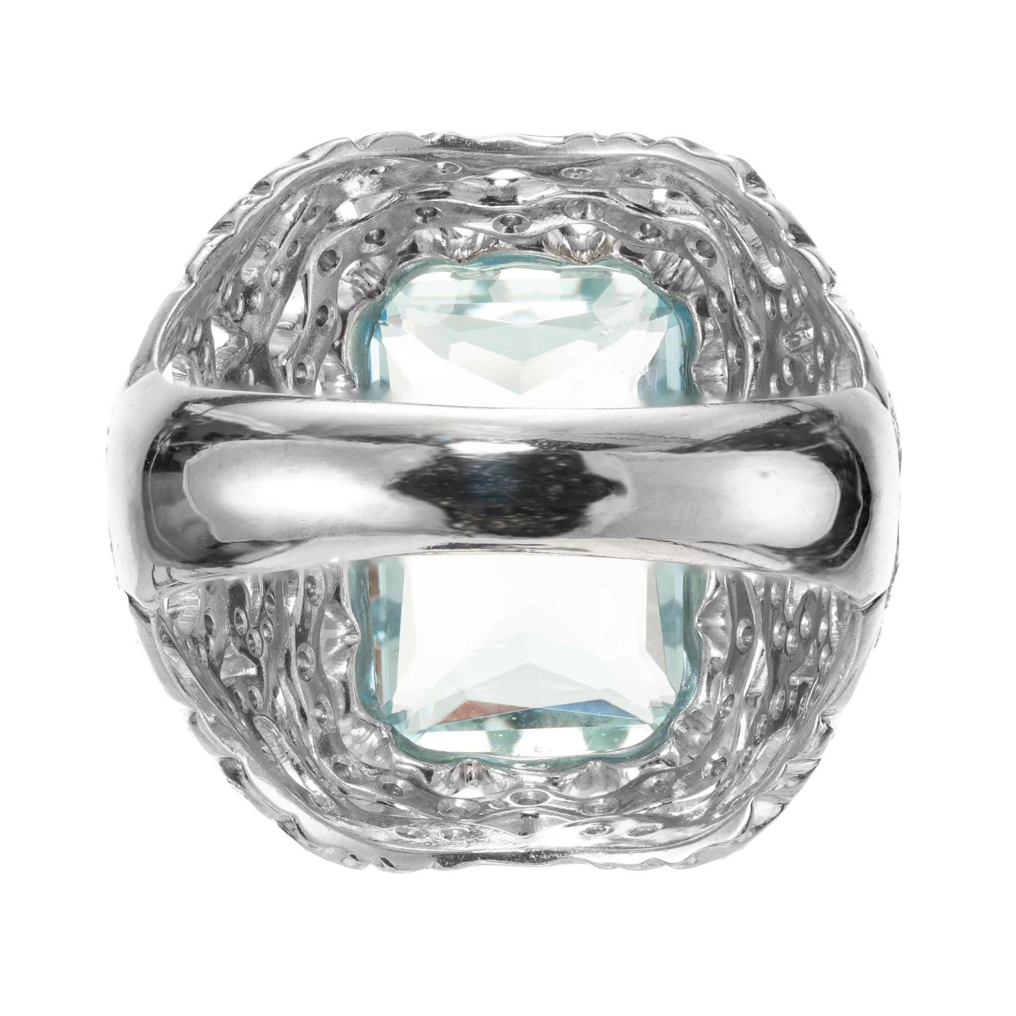 Featherstone 6.64 Carat Rectangular Aqua Diamond Platinum Cocktail Ring  In Good Condition For Sale In Stamford, CT