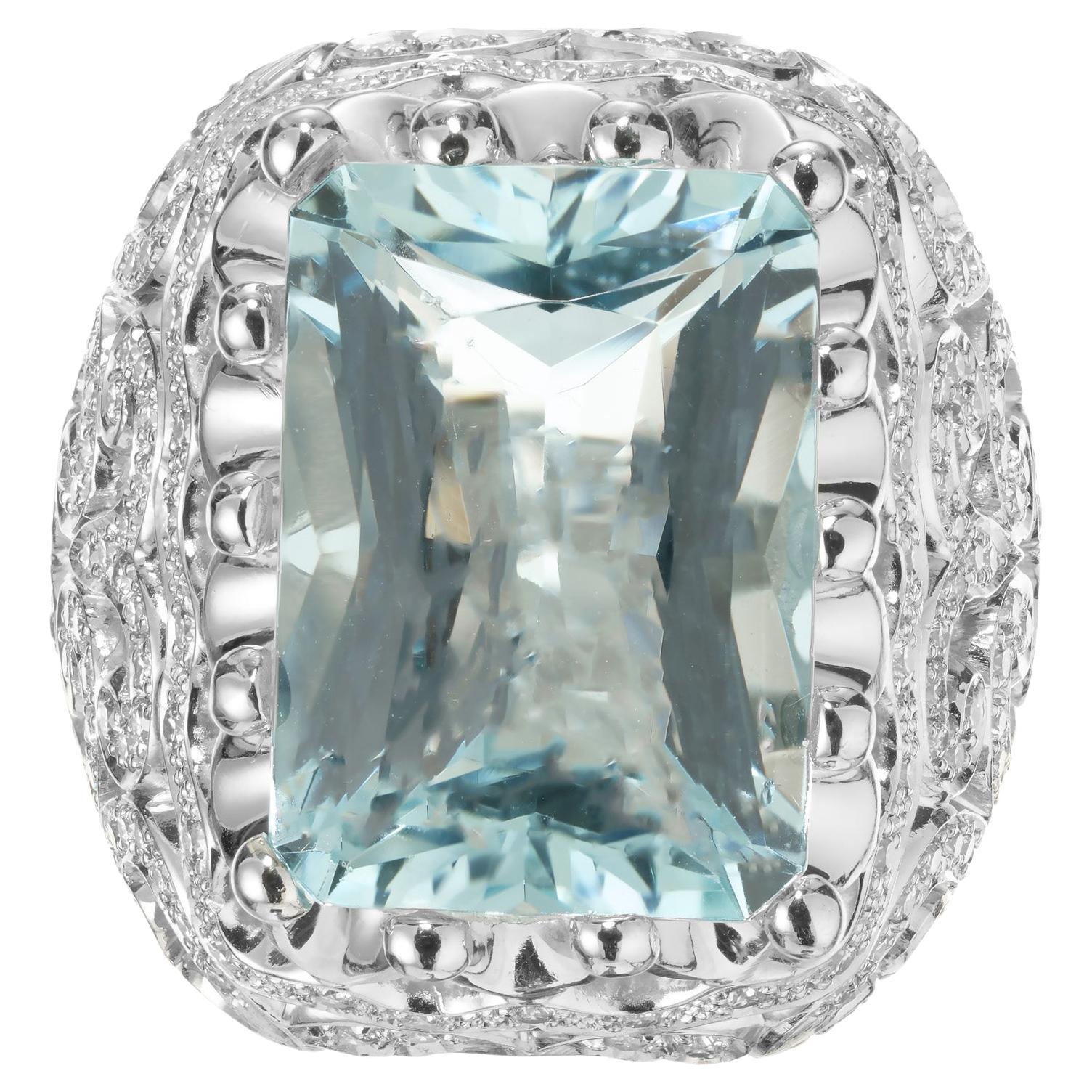 Featherstone 6.64 Carat Rectangular Aqua Diamond Platinum Cocktail Ring 