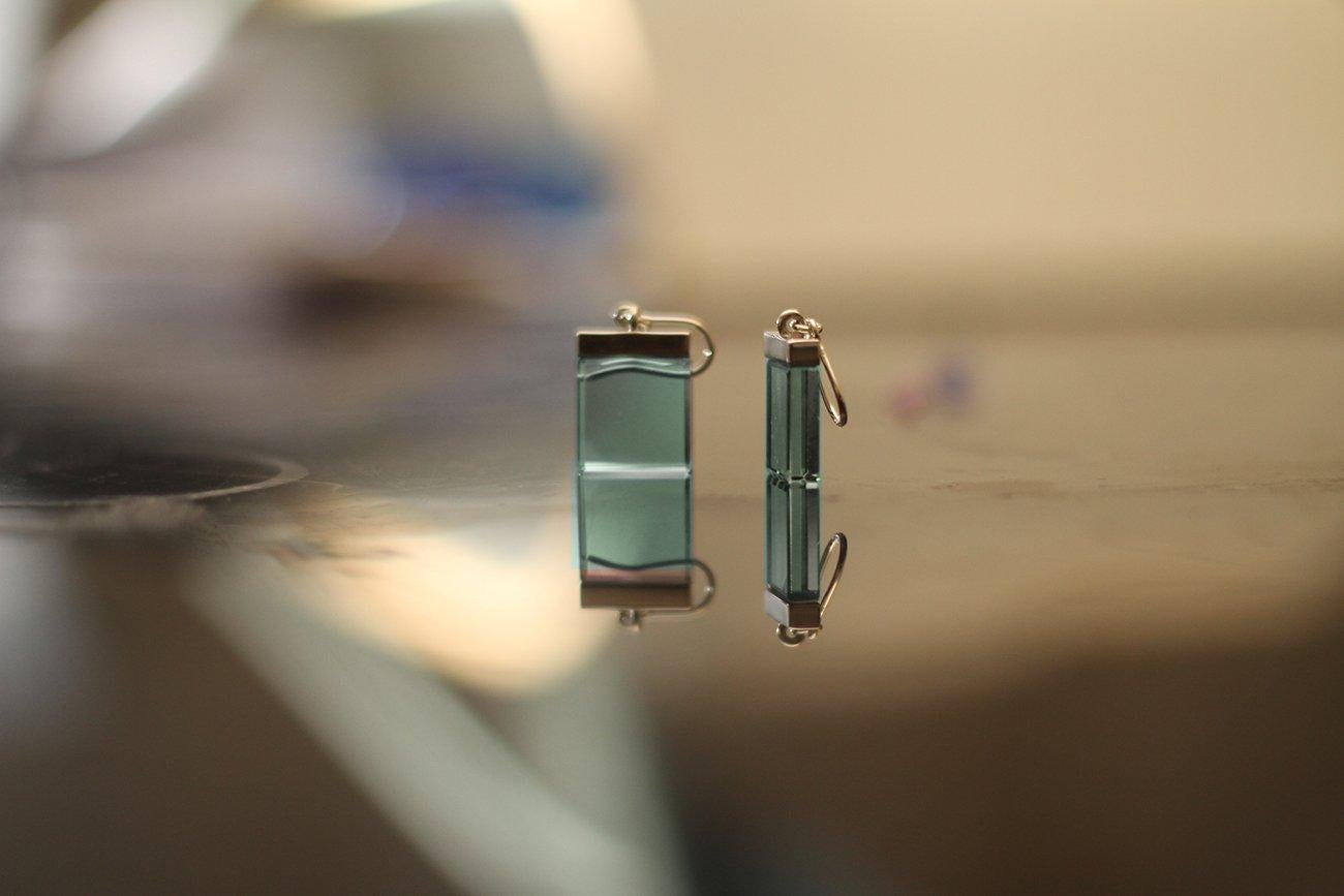 Art Deco Featured in Vogue Fourteen Karat White Gold Earrings with Light Green Quartzes For Sale