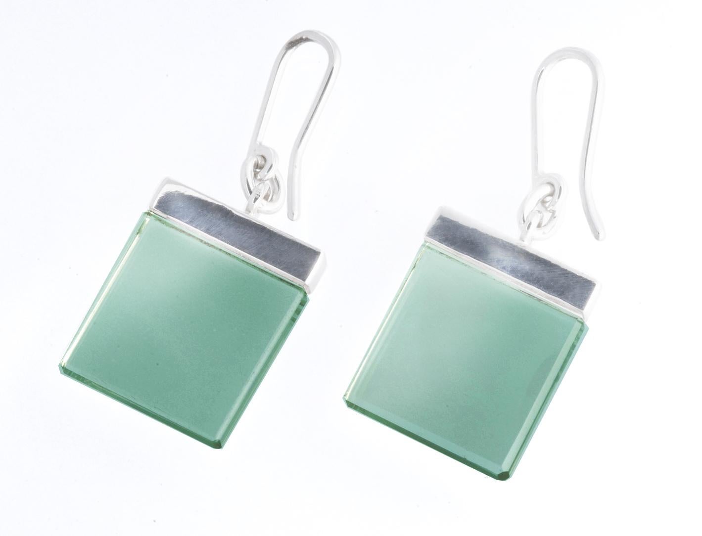 Women's or Men's Featured in Vogue Fourteen Karat White Gold Earrings with Light Green Quartzes For Sale