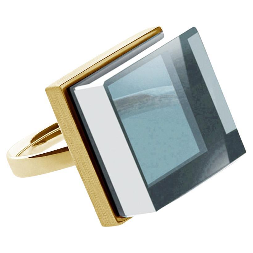 Featured in Vogue Yellow Gold Artisan Ring with Light Blue Quartz For Sale