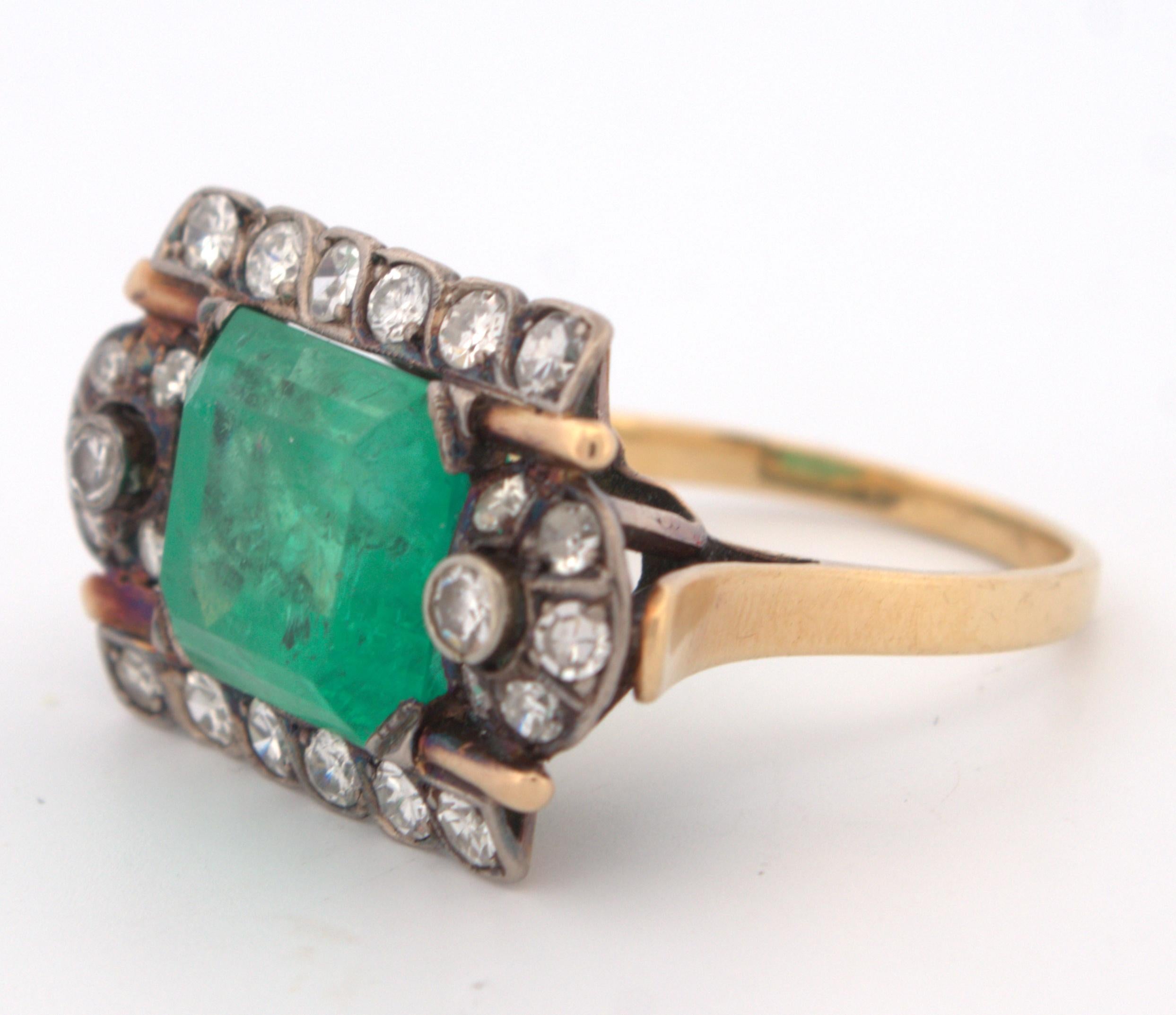 Victorian AGL Certified Natural Colombian Emerald Diamond Silver Topped 18K Gold For Sale 1