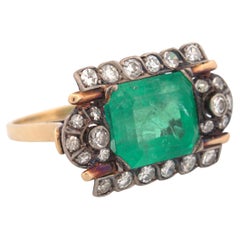 Victorian AGL Certified Natural Colombian Emerald Diamond Silver Topped 18K Gold