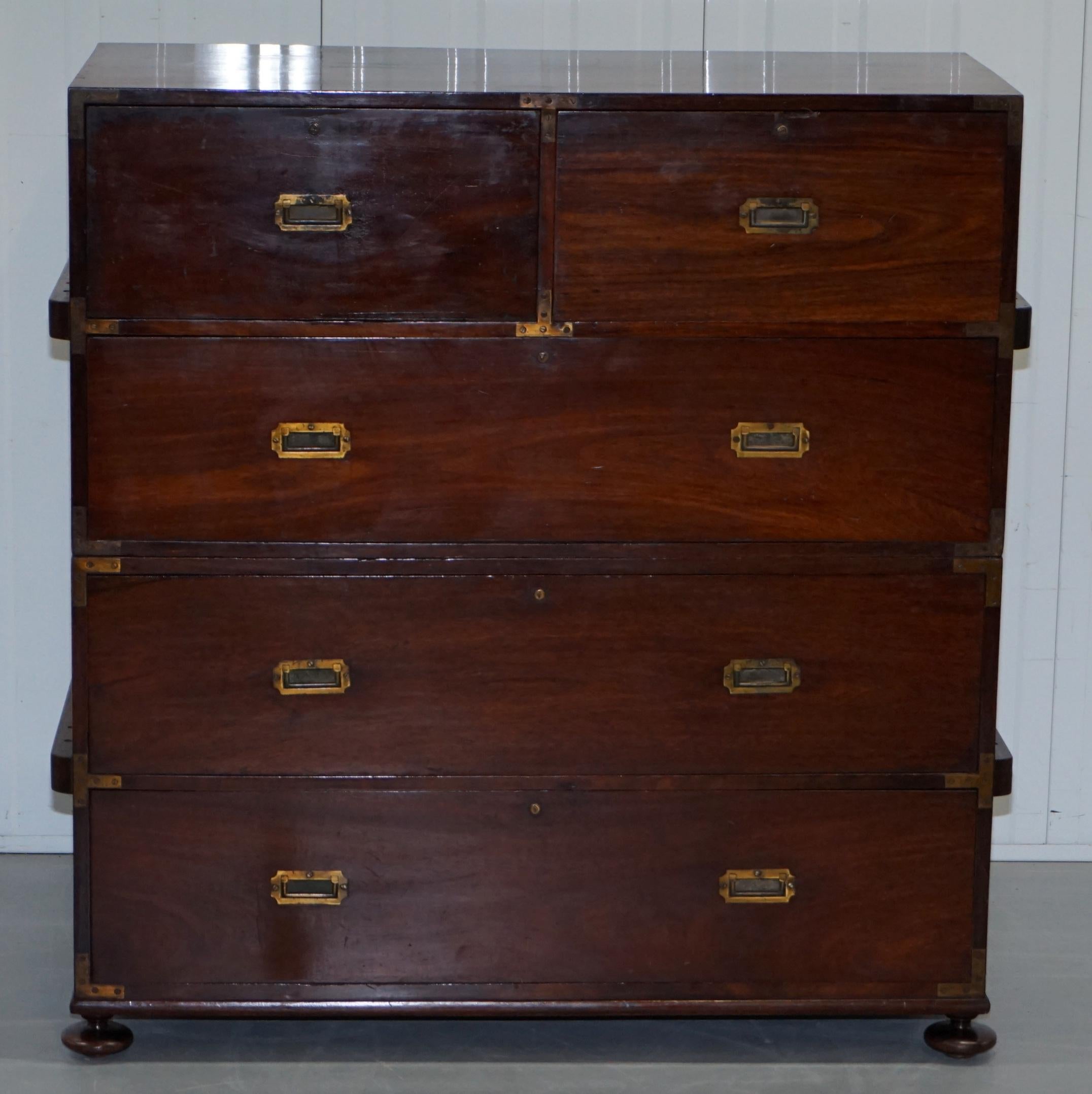 English Feb 1st 1876 Stamped Camphor Wood Military Campaign Chest of Drawers Secrataire