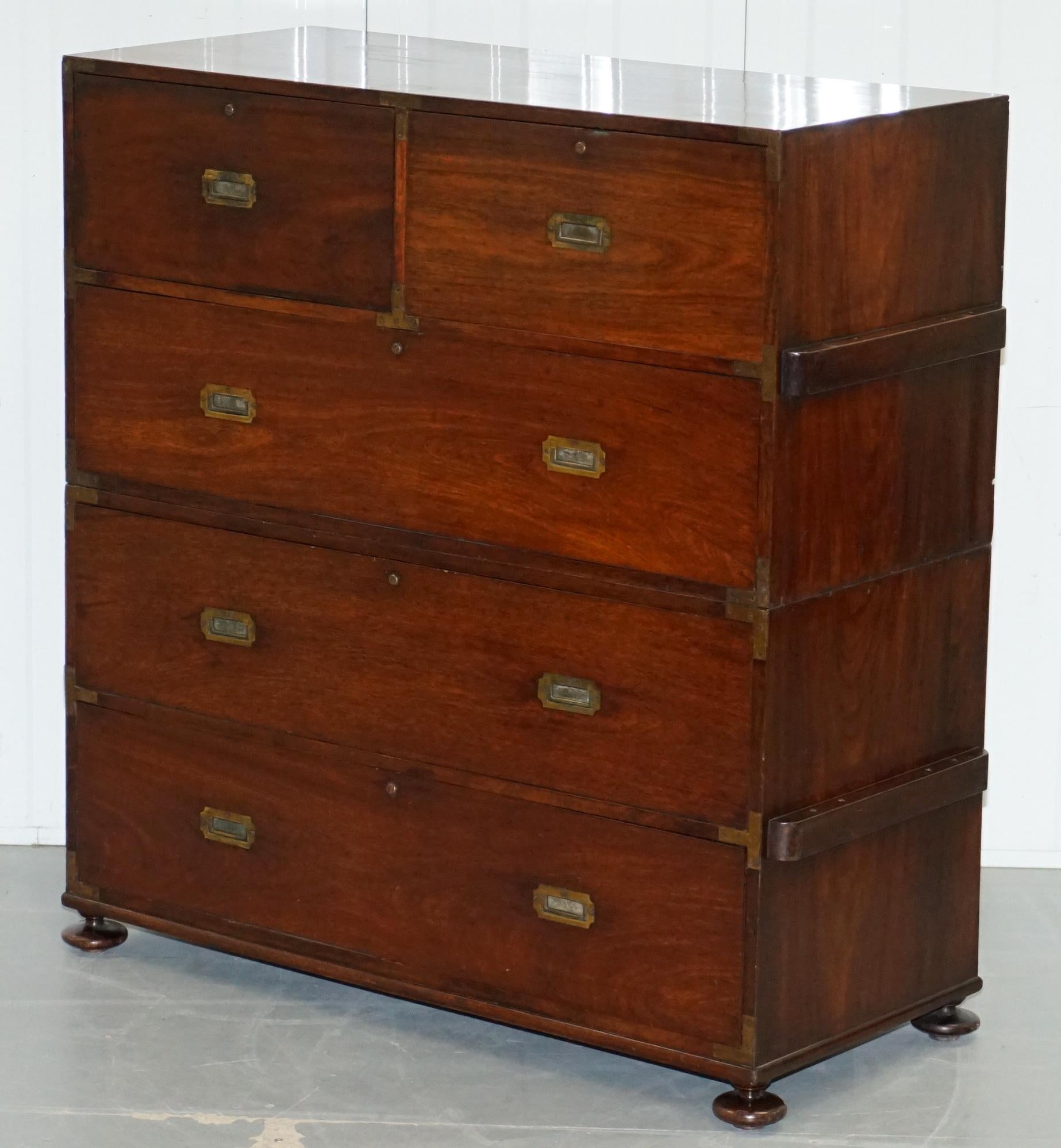 Hand-Crafted Feb 1st 1876 Stamped Camphor Wood Military Campaign Chest of Drawers Secrataire