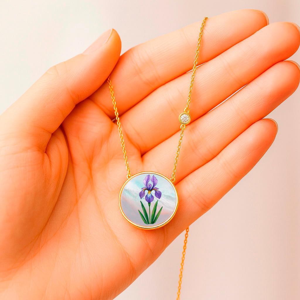 Pendentif fleur du mois de février / Pendentif fleur Iris en nacre peinte / Pendentif rond en nacre, moissanite, dessin de fleur. Bijoux Zodiac.
Collier pour femmes, argent 925, nacre ciselée.



Nous pouvons également dessiner n'importe quelle
