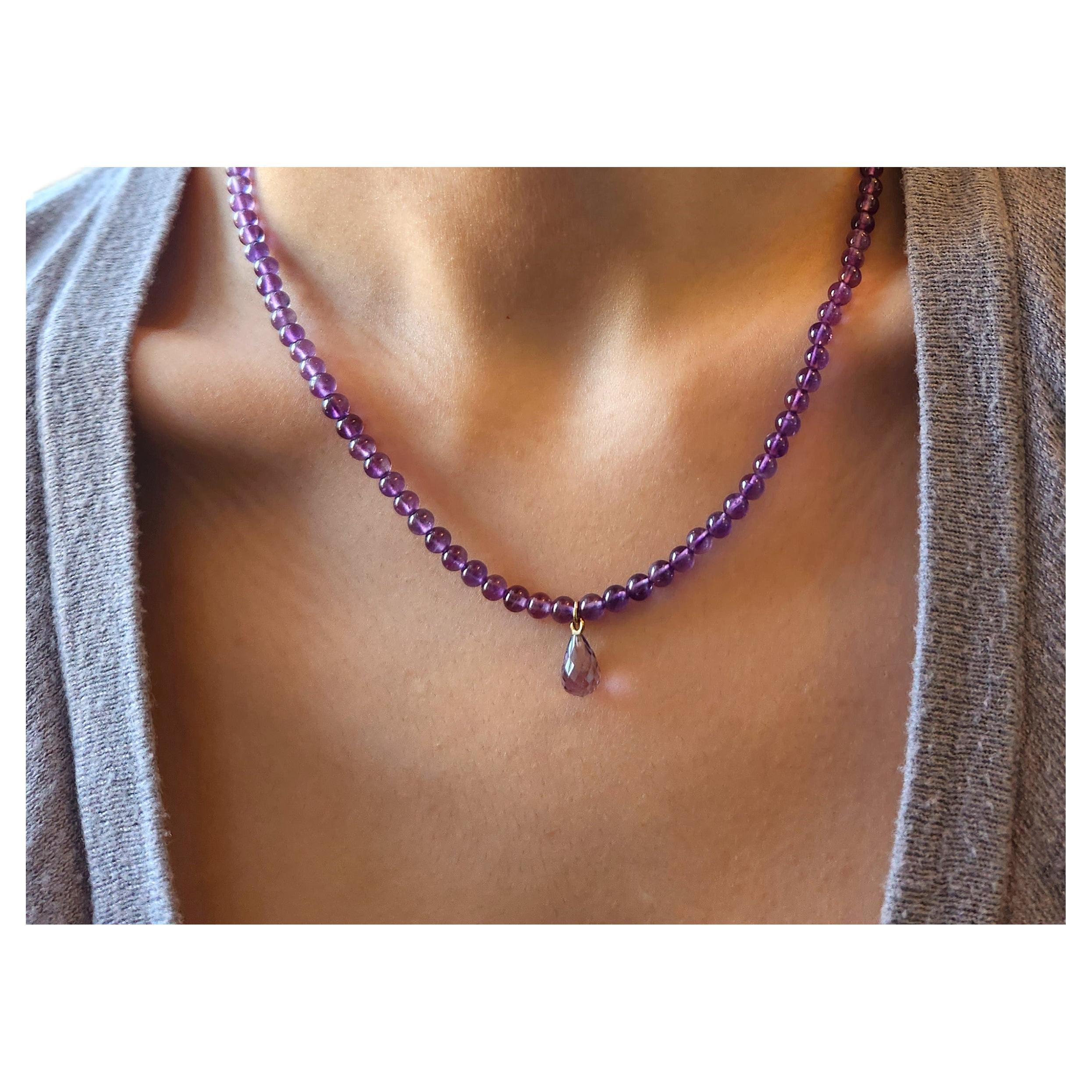 February Birthstone Amethyst Bead Necklace with Amethyst Briolette Drop Elegance For Sale