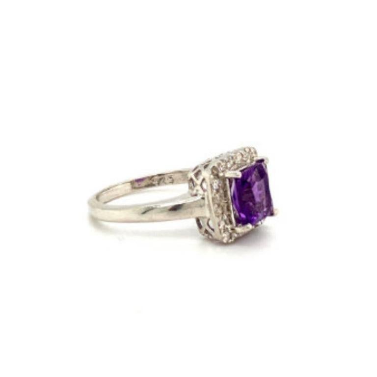 For Sale:  February Birthstone Amethyst with Halo Diamond Wedding Ring for Her in Silver 7