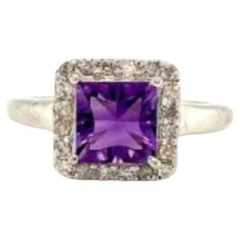 For Sale:  February Birthstone Amethyst with Halo Diamond Wedding Ring for Her in Silver