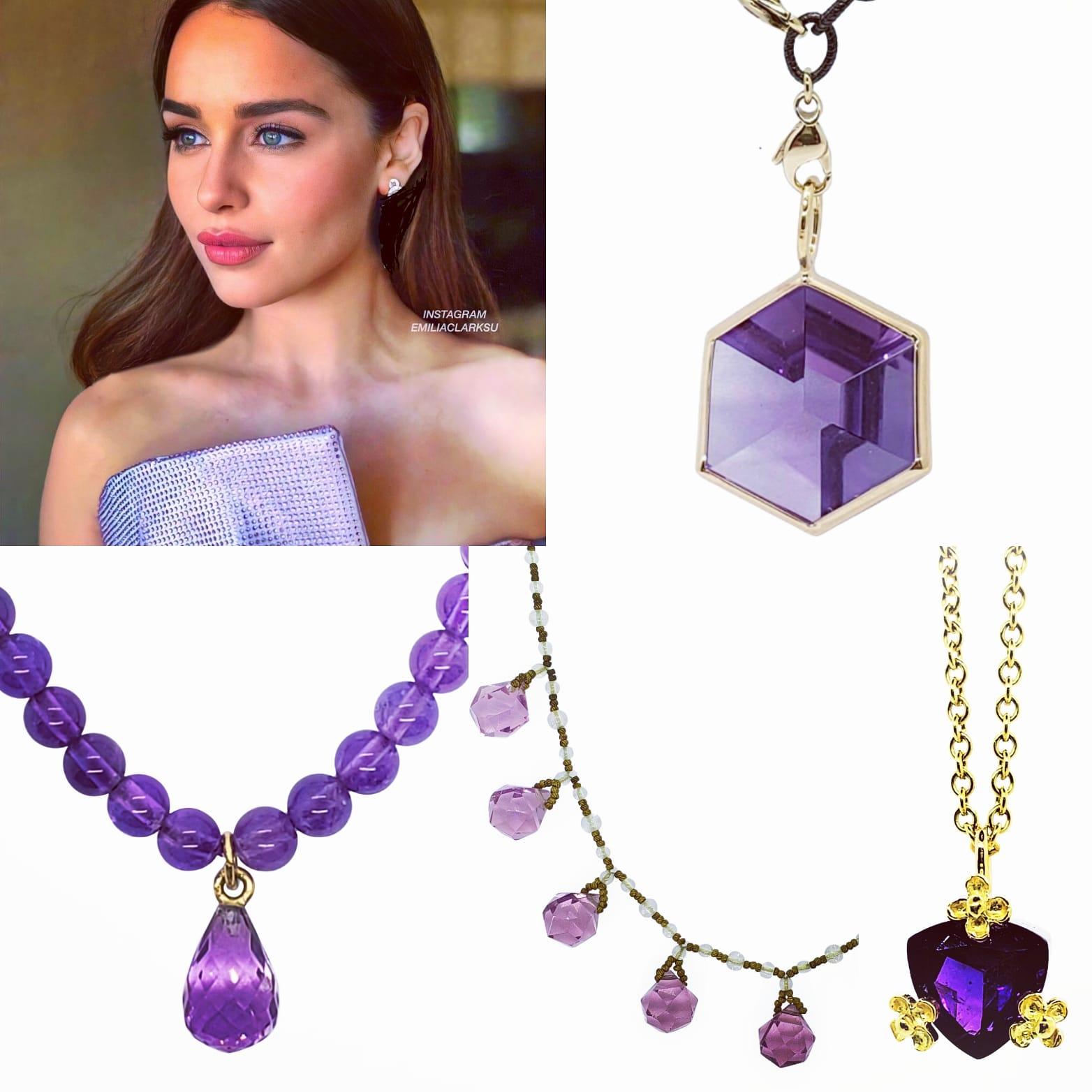 Modern February Birthstone Amethyst Trillion Necklace in 14KY, 14KP, 18KY Petal Prongs For Sale