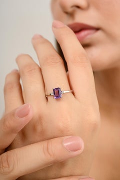 February Birthstone Amethyst Women Ring with Diamonds in 18k Solid White Gold