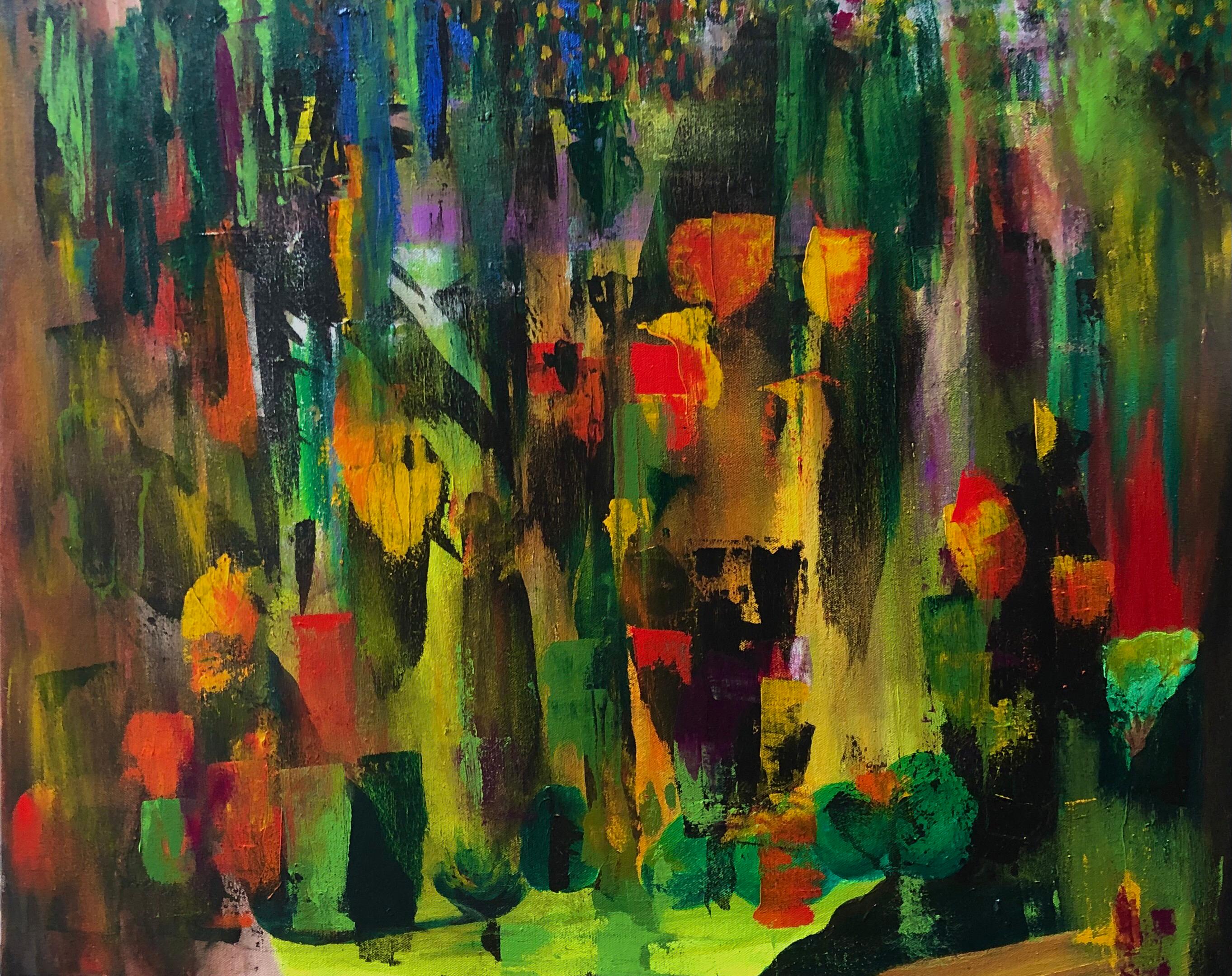 Fredda Tone Abstract Painting - The Deep, bold abstraction with bright forest greens, reds, colorful