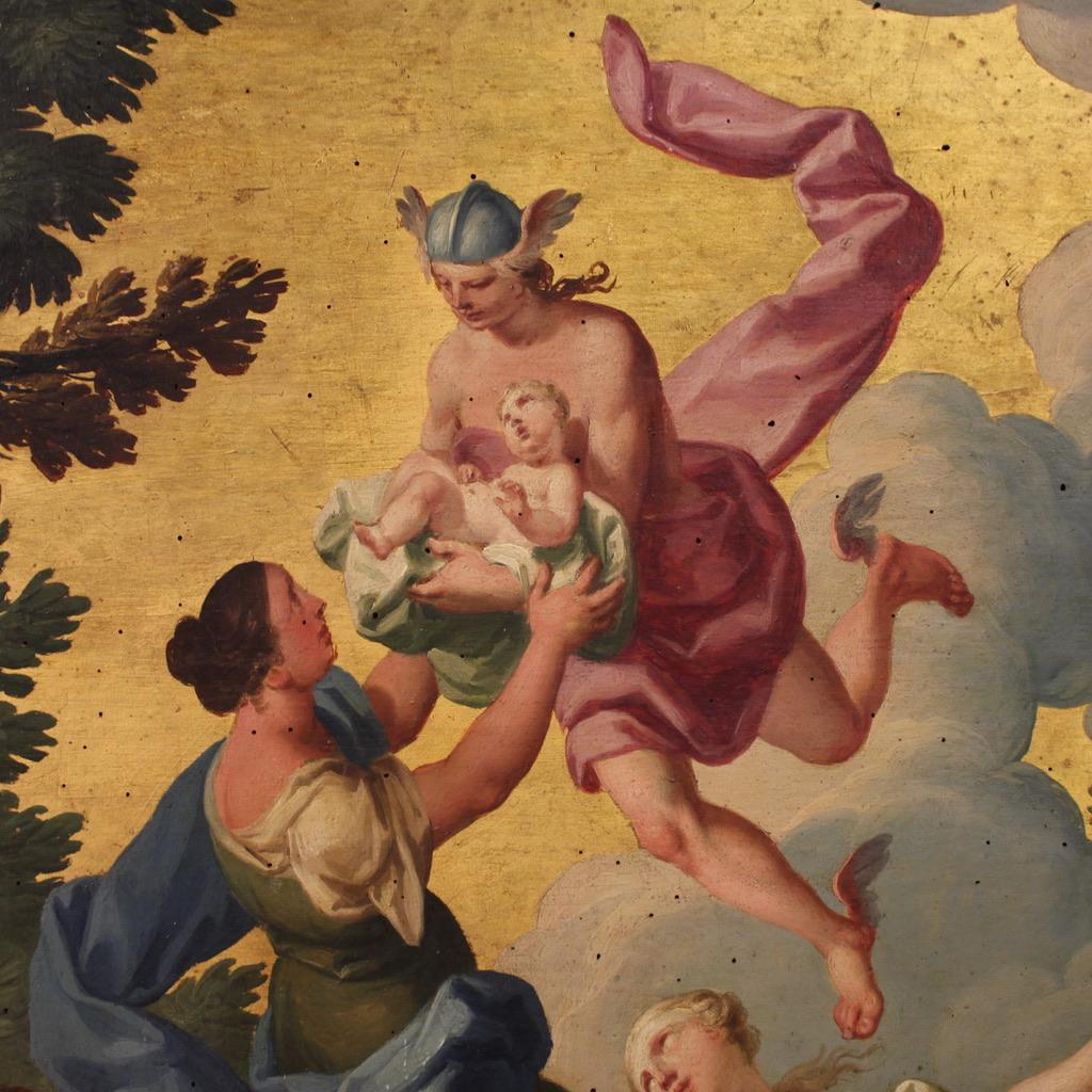 Ein seltenes italienisches Gemälde aus dem 18. Jahrhundert. Öl auf Tafel mit der Darstellung eines fesselnden mythologischen Themas: Merkur übergibt das Kind Bacchus den Nymphen des Berges Nysa. Dem Mythos nach war Bacchus (oder Dionysos bei den