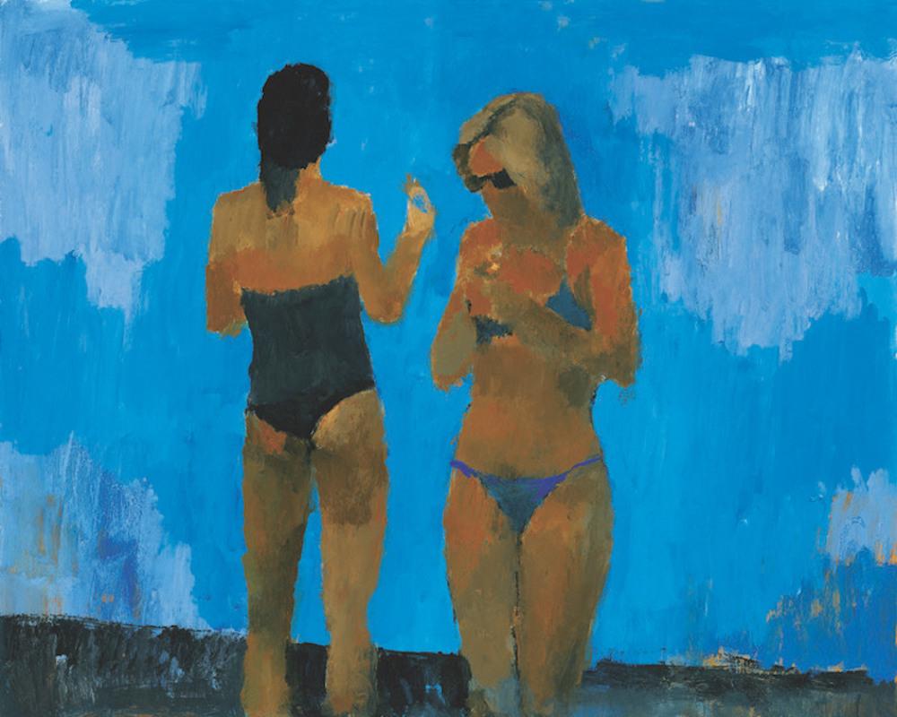 Fedele Spadafora Portrait Print - Poolside, Figurative painting of two women in bathing suit in blue 