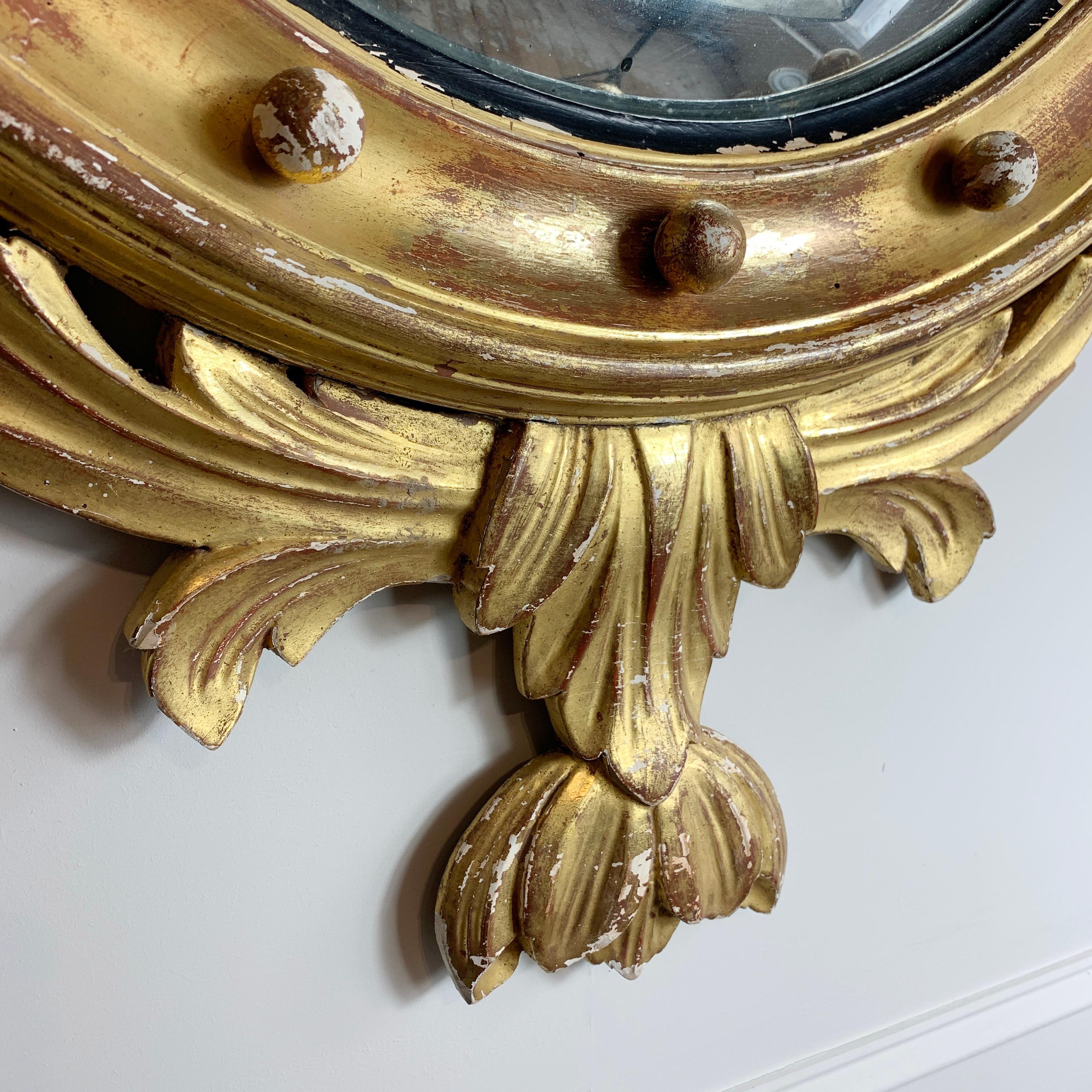 English Federal Antique Giltwood Eagle Convex Mirror