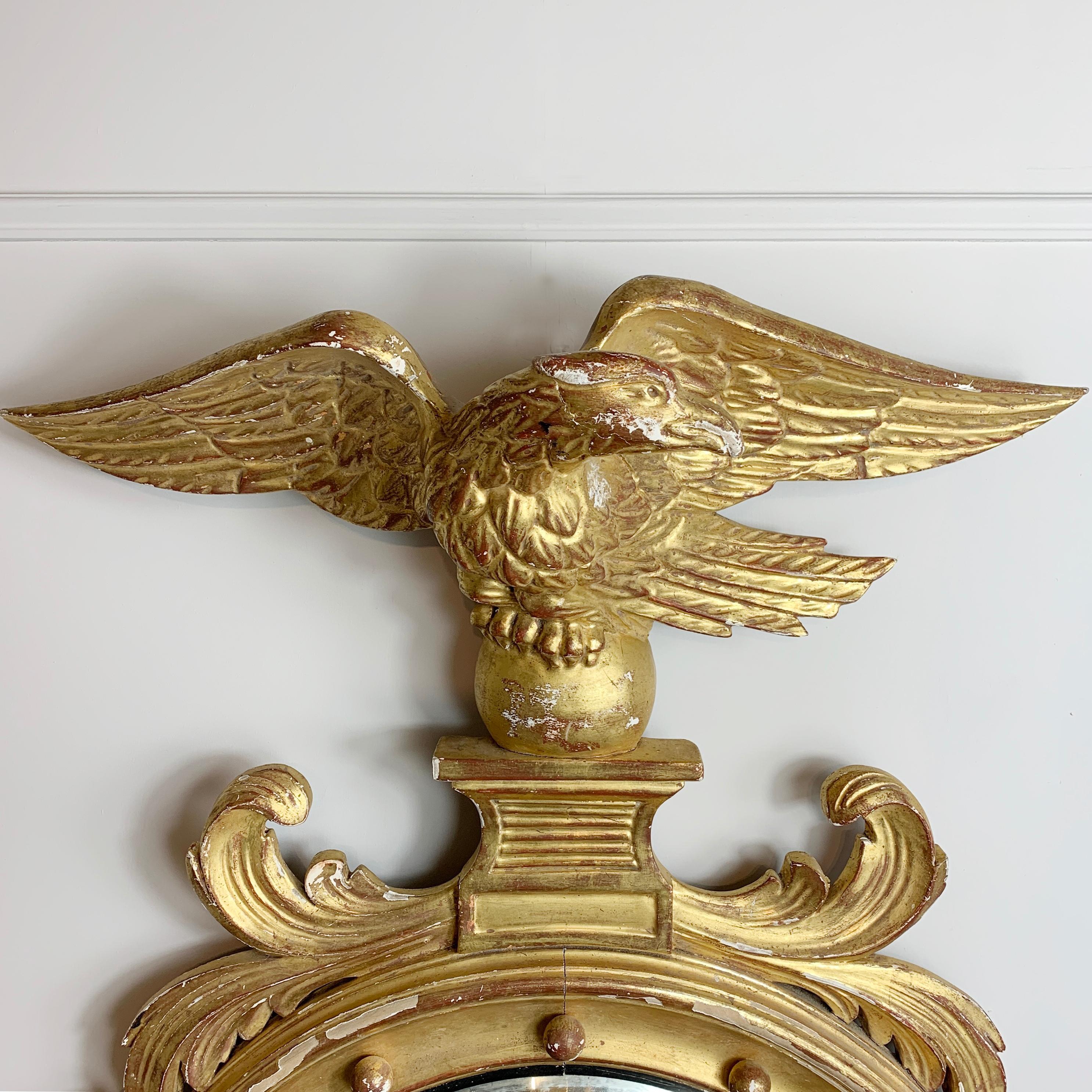 Hand-Carved Federal Antique Giltwood Eagle Convex Mirror