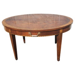 Federal Banded Top Flame Mahogany Inlay Oval Coffee Table W/ Drawer, Circa 1960s