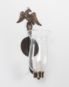 Pair Federal Cast Brass Sconces with Eagles and Hurricane Glass Shades, ca 1920s