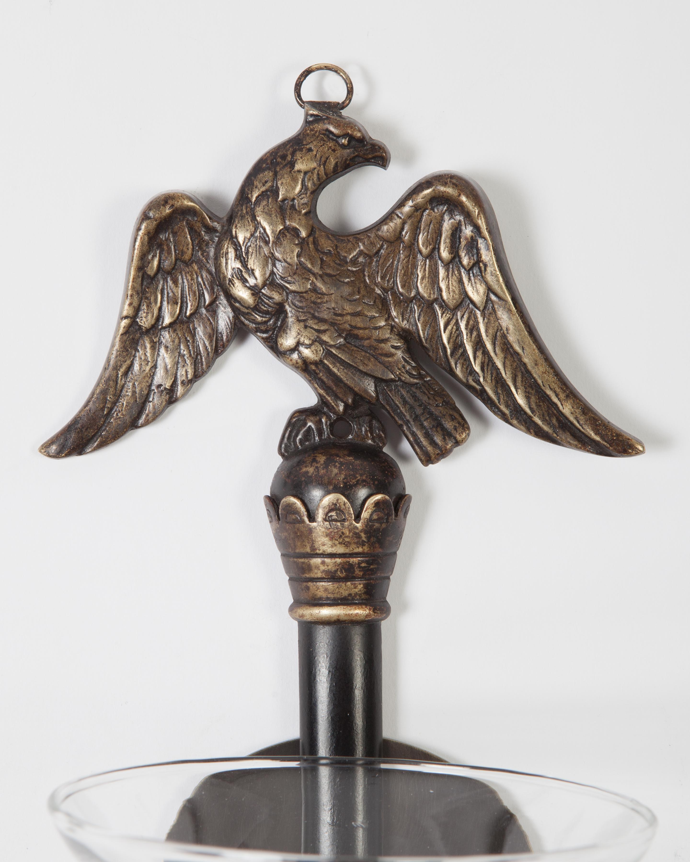 Blackened Pair Federal Cast Brass Sconces with Eagles and Hurricane Glass Shades, ca 1920s For Sale