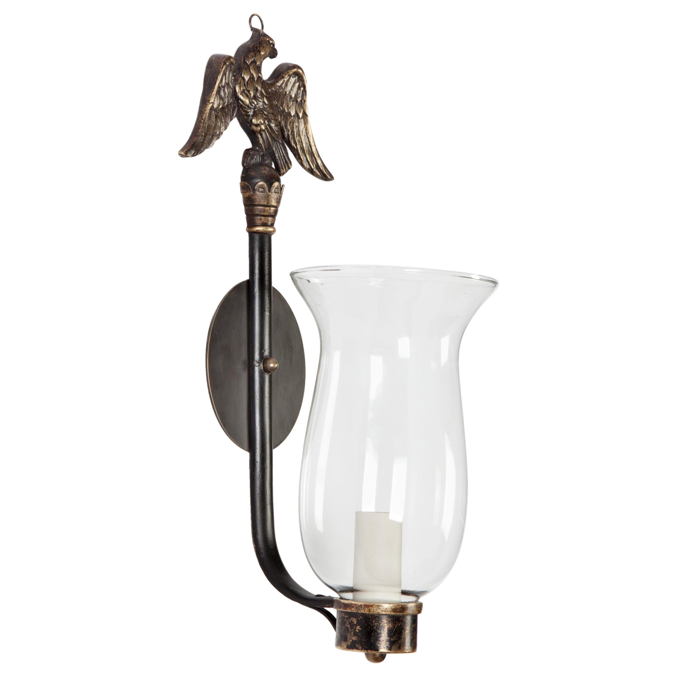 Pair Federal Cast Brass Sconces with Eagles and Hurricane Glass Shades, ca 1920s
