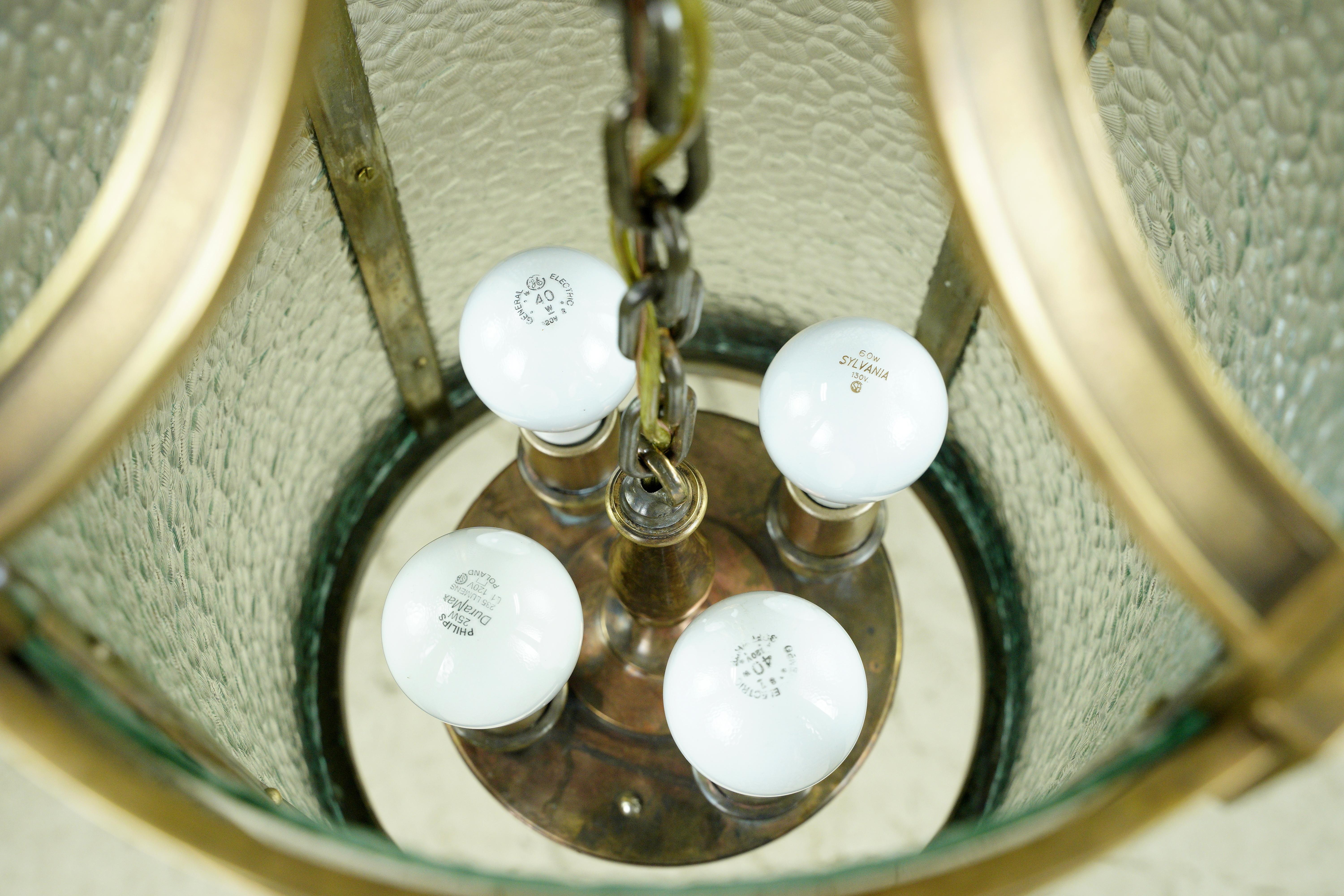 Federal Bronze Clear Pebbled Glass Lantern Pendant For Sale 5