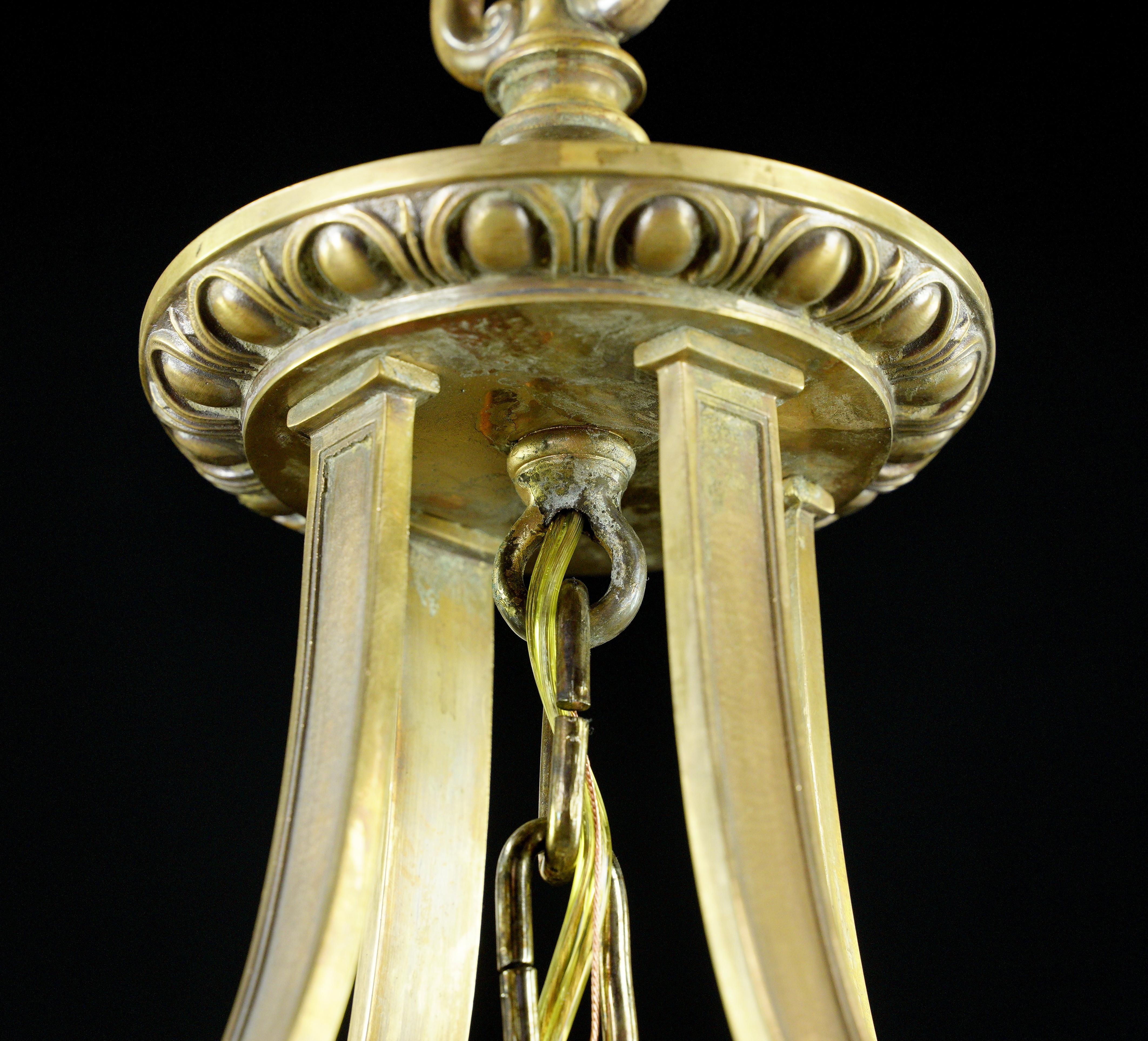 20th Century Federal Bronze Clear Pebbled Glass Lantern Pendant For Sale