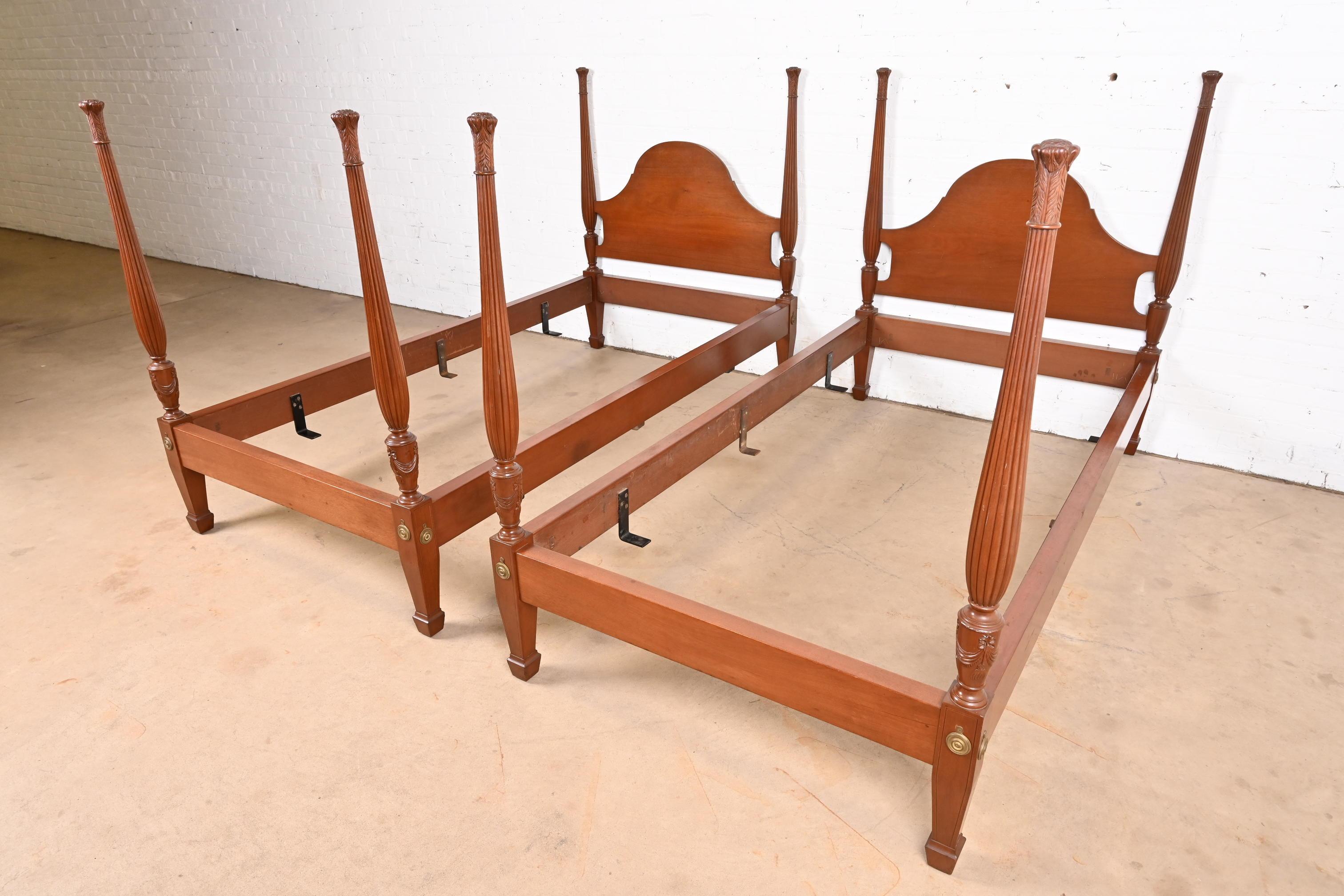 Georgian Federal Carved Mahogany Twin Poster Beds, Pair
