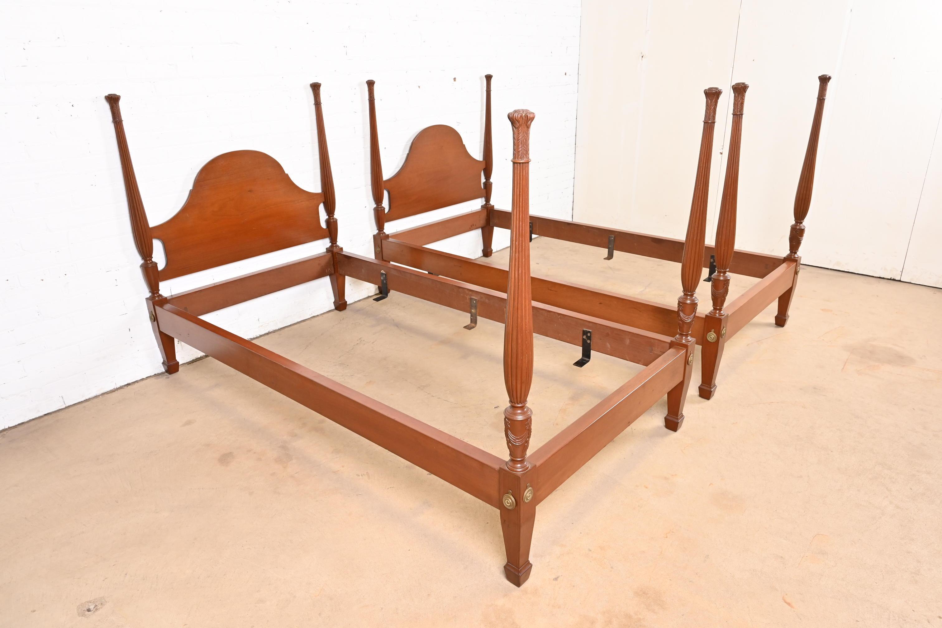 American Federal Carved Mahogany Twin Poster Beds, Pair