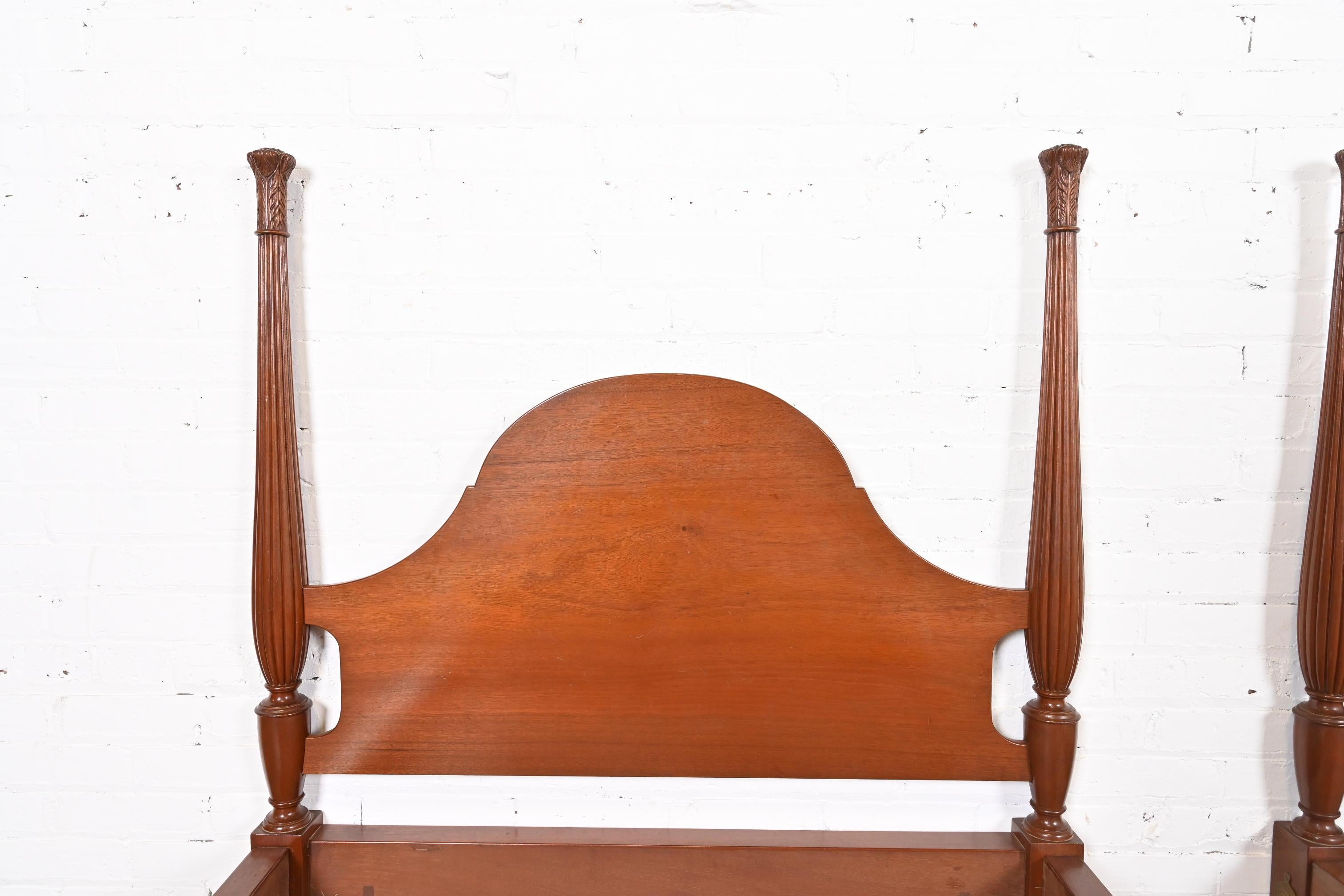 Brass Federal Carved Mahogany Twin Poster Beds, Pair
