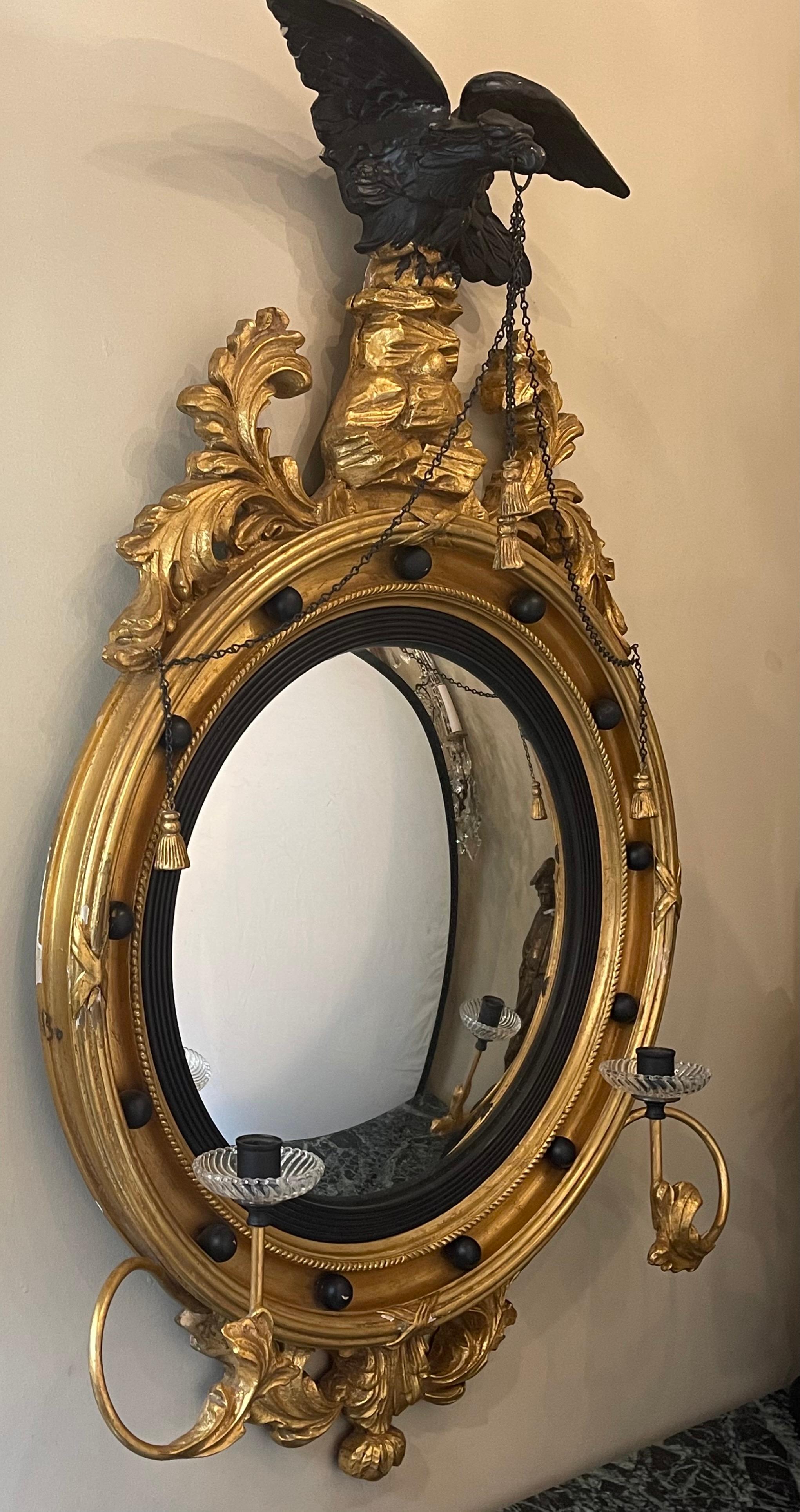 Federal Convex Bullseye Wall Mirror, 19th-20th Century Ebony And Gilt Gold 12